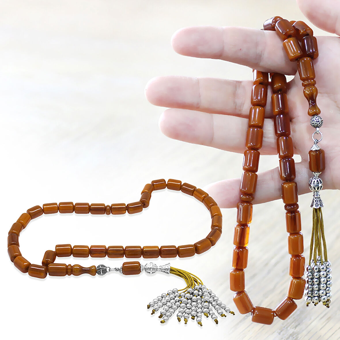 Çubuk Sıkma Kehribar Tesbih - Osmanlı Saray Püsküllü - Bal Rengi - Kapsül Kesim