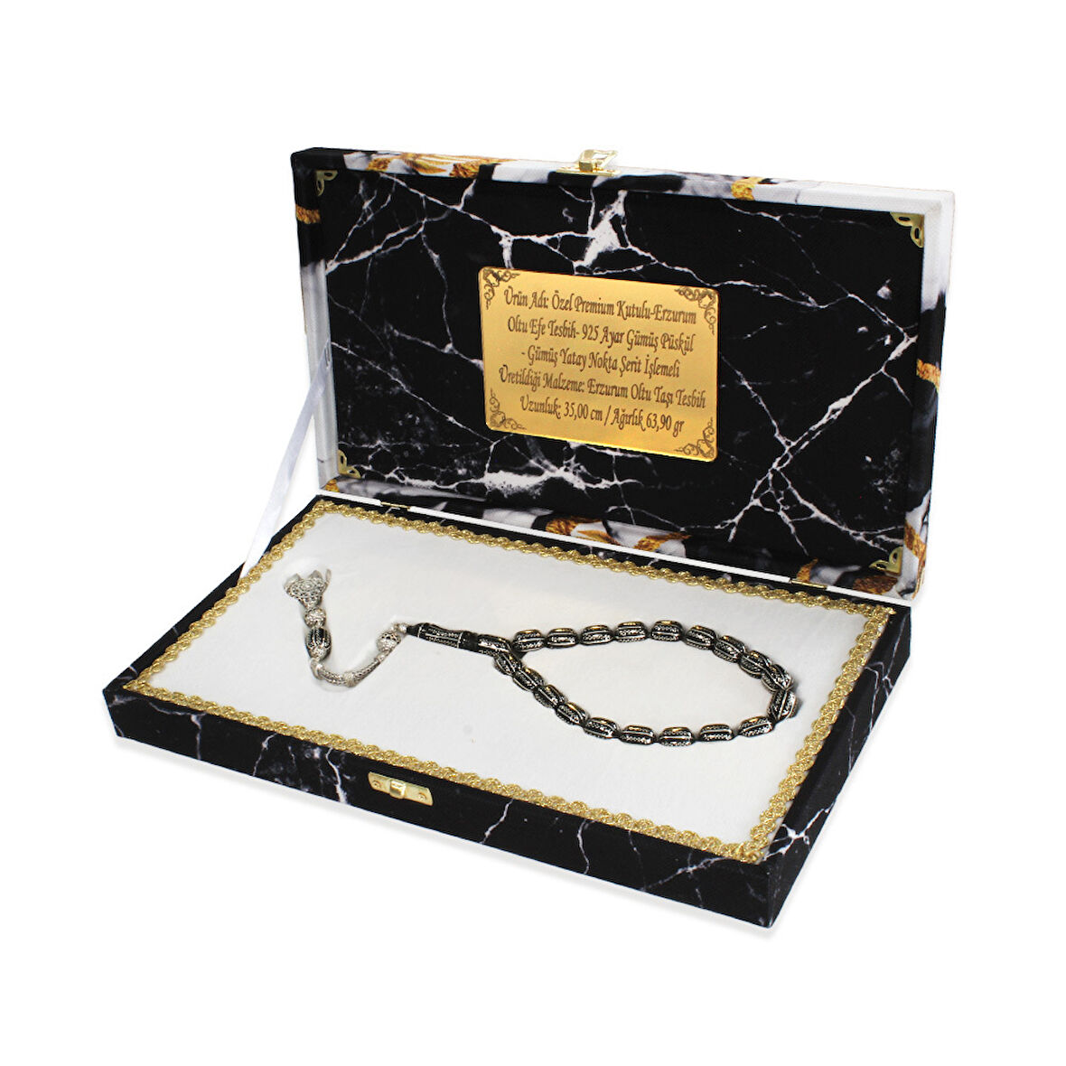 Premium Kutulu - Erzurum Oltu Efe Tesbih - 925 Ayar Gümüş Püskül - Gümüş Yatay Nokta Şerit İşlemeli