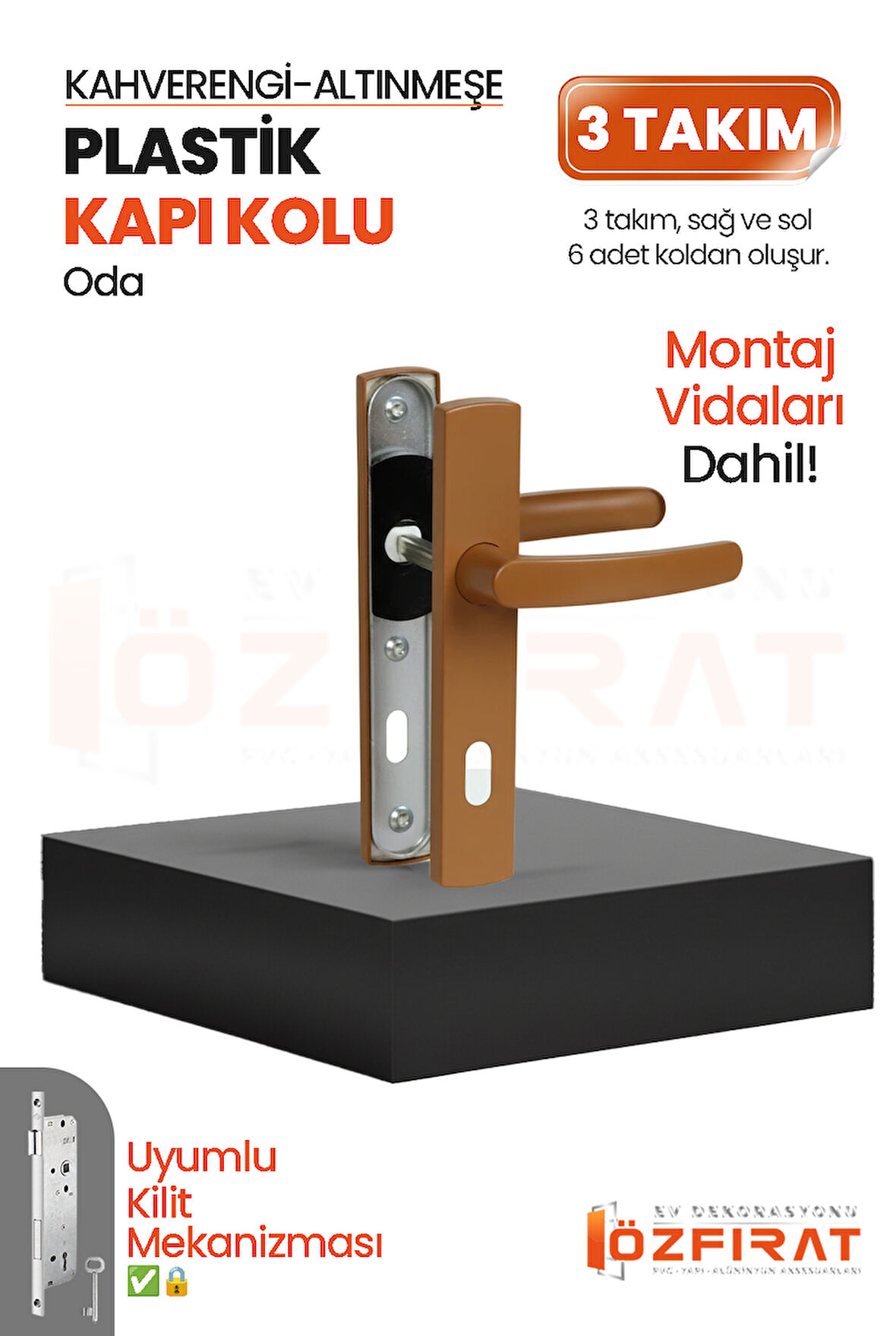 PVC Pimapen Plastik Oda Kapı Kolu – Altınmeşe/Kahverengi – (3 Takım)