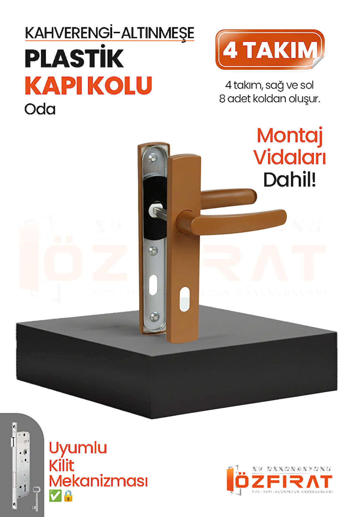 PVC Pimapen Plastik Oda Kapı Kolu – Altınmeşe/Kahverengi – (4 Takım)