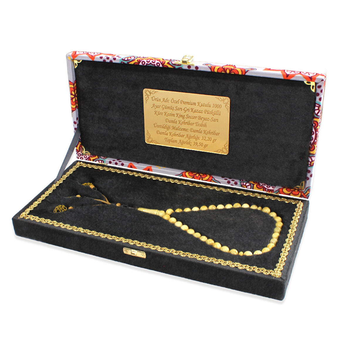 Damla Kehribar Tesbih - 1000 Ayar Gümüş Kazaz Püsküllü - Küre Kesim - King Seccer - Premium Kutulu