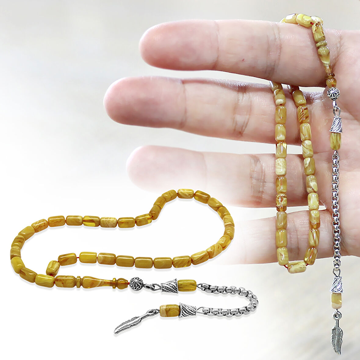 Ateş Kehribar Tesbih - Kararmaz Metal Püsküllü - Bilek Boy - Sarı Beyaz Renk - Kapsül Kesim