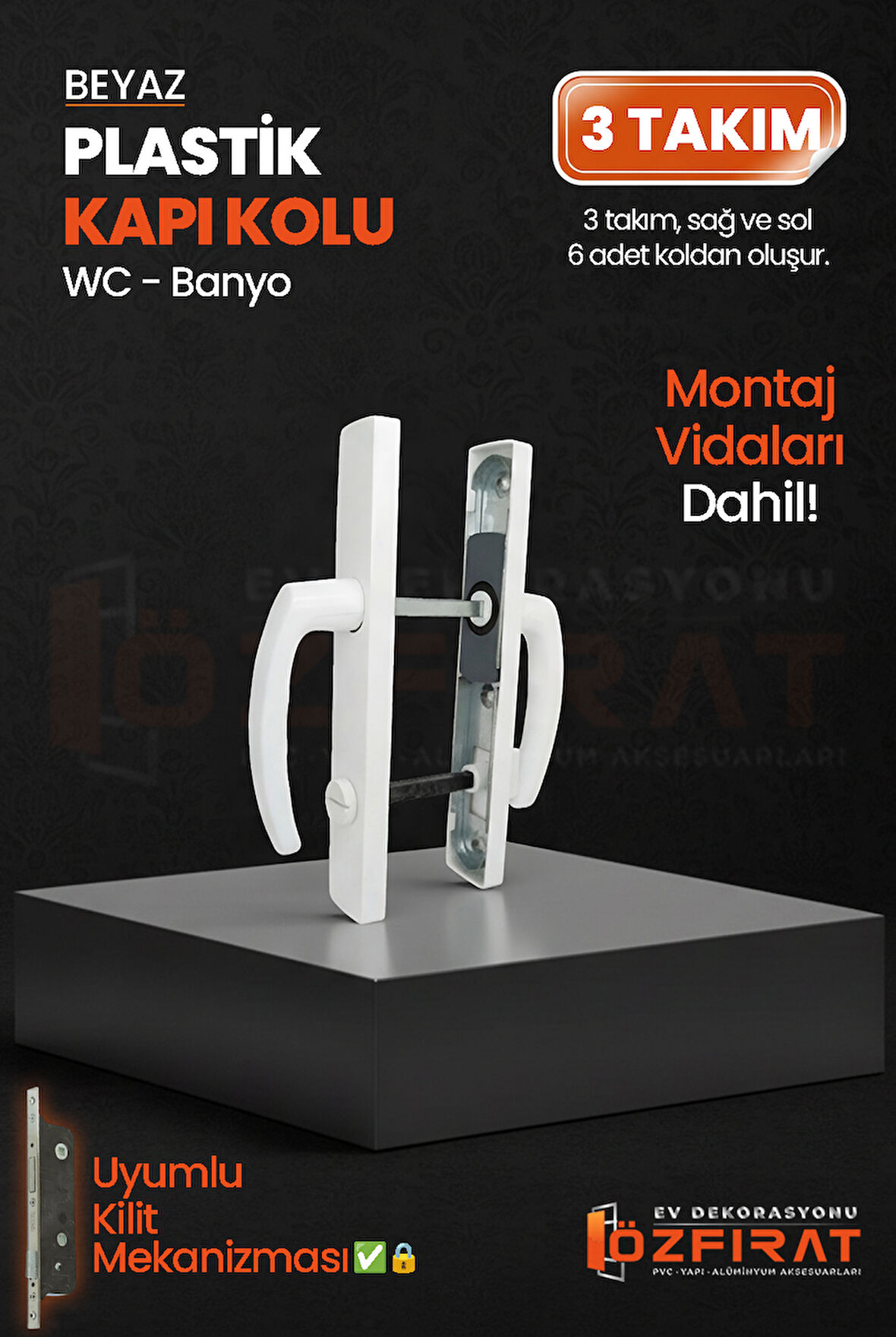 PVC Pimapen Plastik Banyo, Tuvalet, WC Kapı Kolu – Beyaz –  (3 Takım)