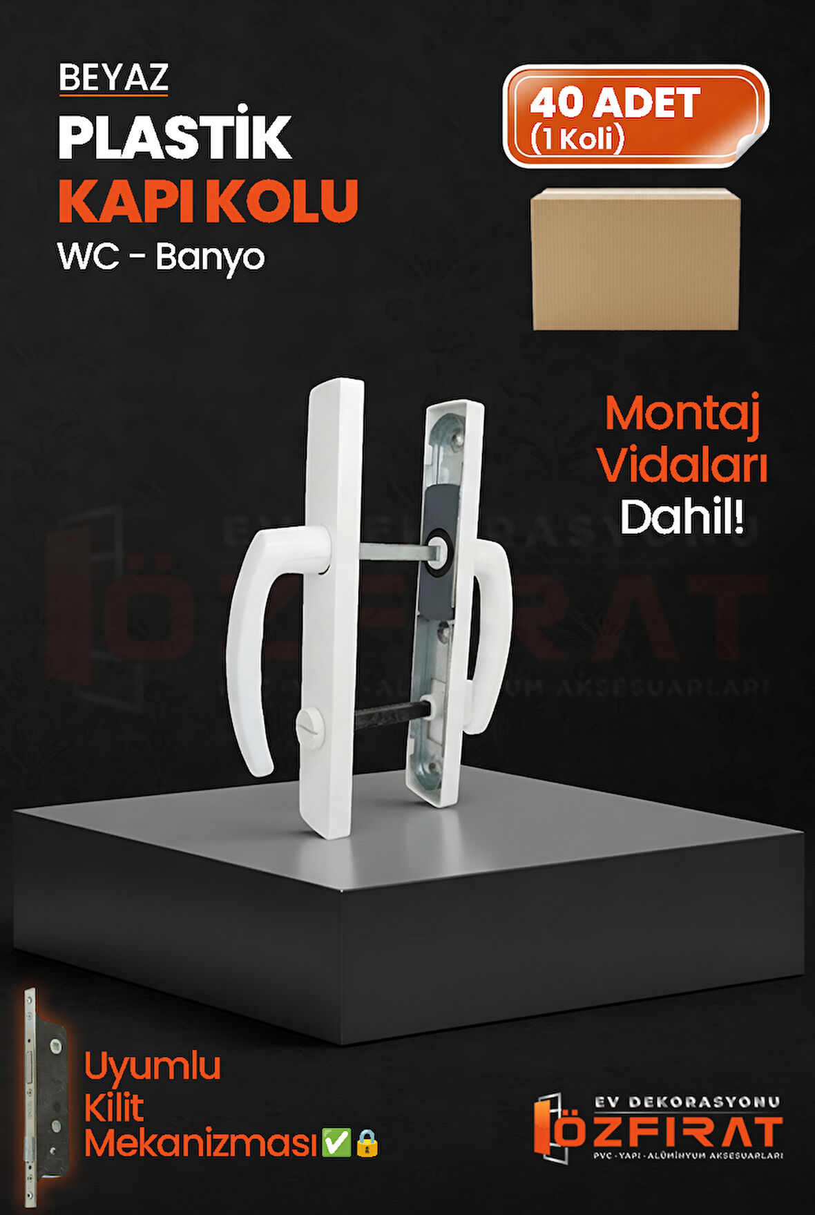 PVC Pimapen Plastik Banyo, Tuvalet, WC Kapı Kolu – Beyaz –  (40 Takım / 1 Koli)