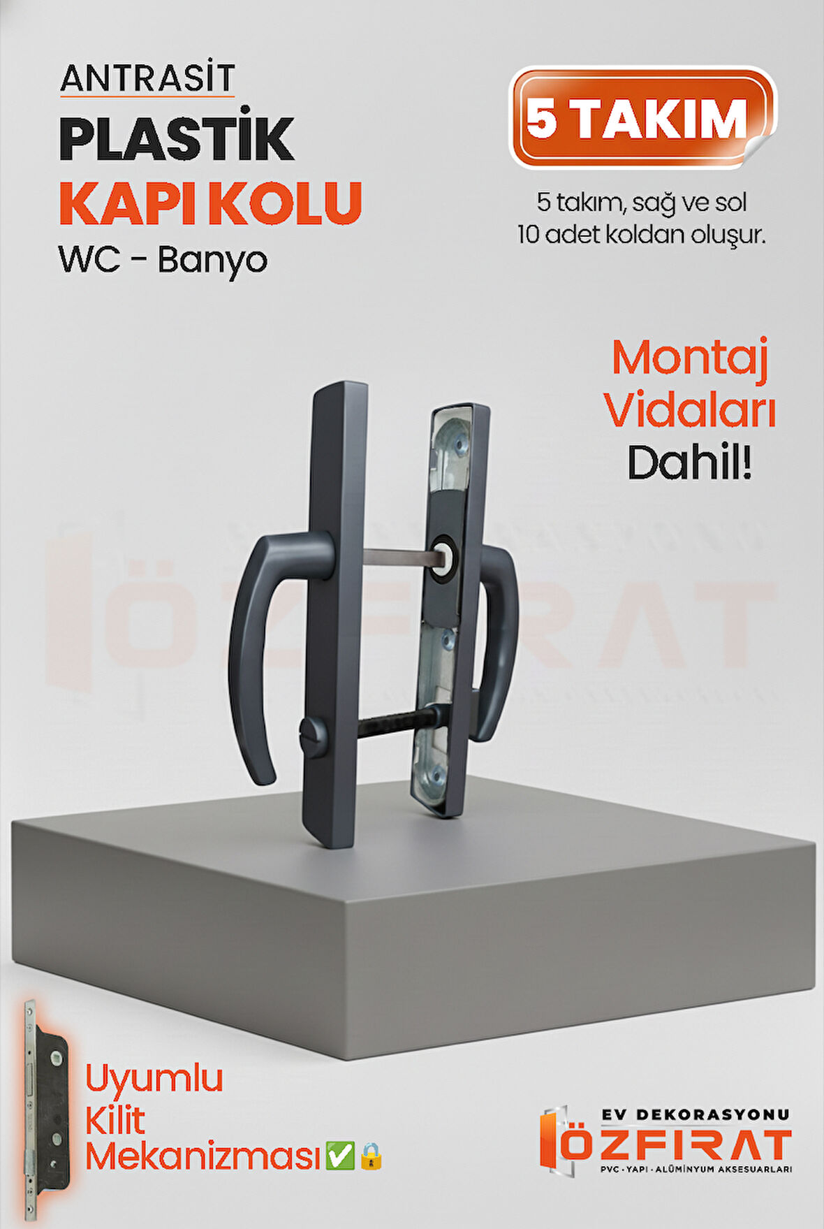 PVC Pimapen Plastik Banyo, Tuvalet, WC Kapı Kolu – Antrasit –  (5 Takım)