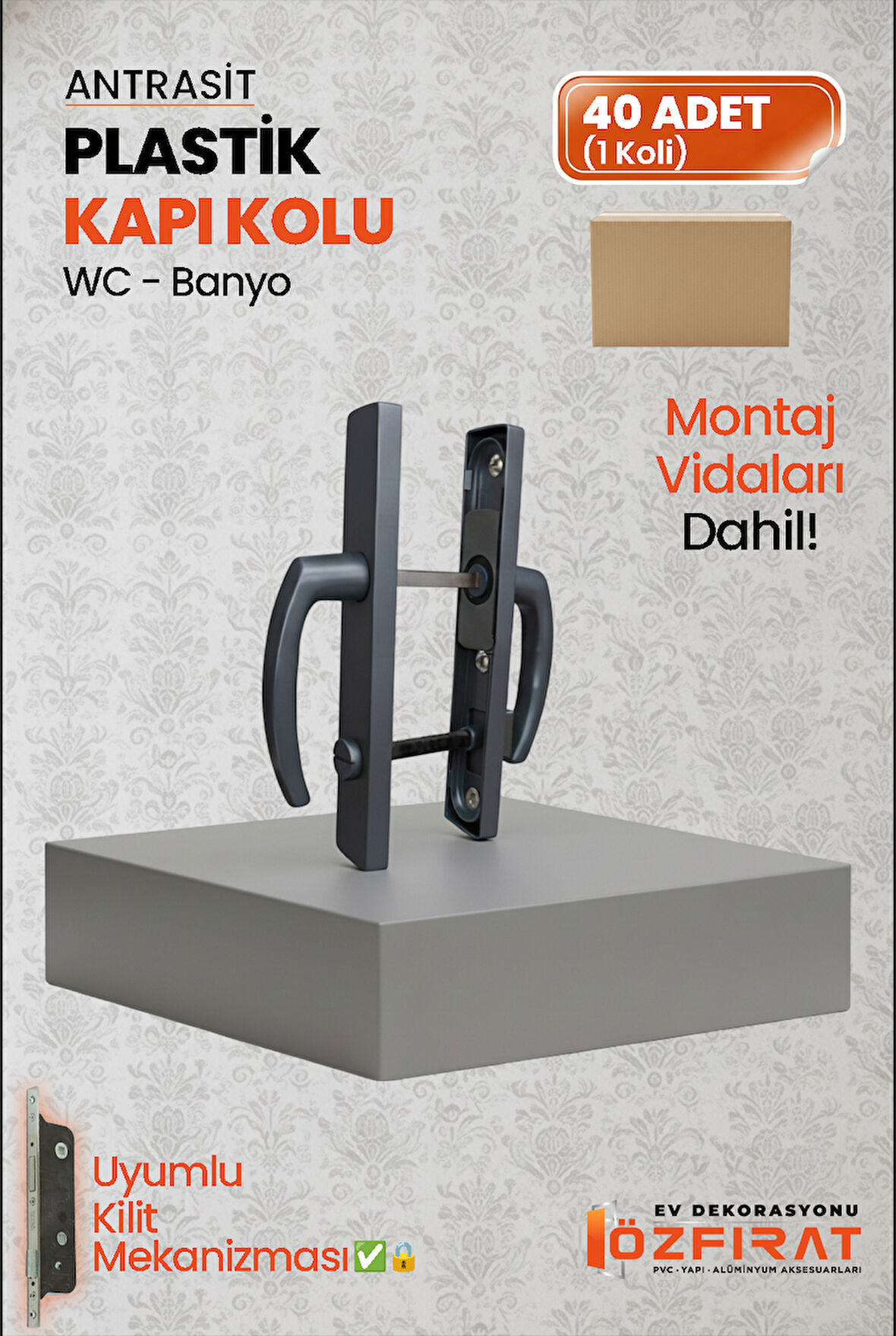 PVC Pimapen Plastik Banyo, Tuvalet, WC Kapı Kolu – Antrasit –  (40 Takım / 1 Koli)