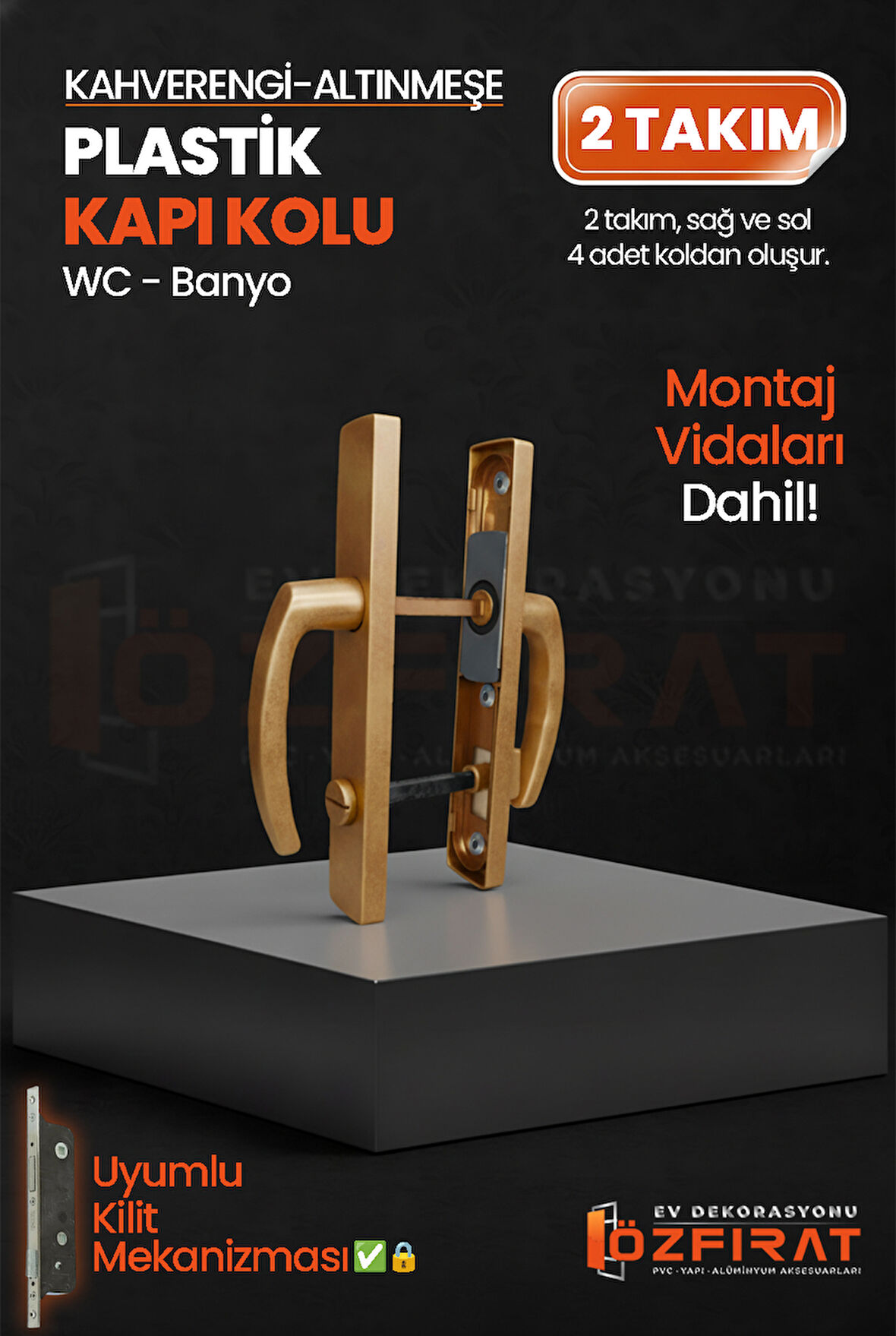 PVC Pimapen Plastik Banyo, Tuvalet, WC Kapı Kolu – Altınmeşe/Kahverengi –  (2 Takım)