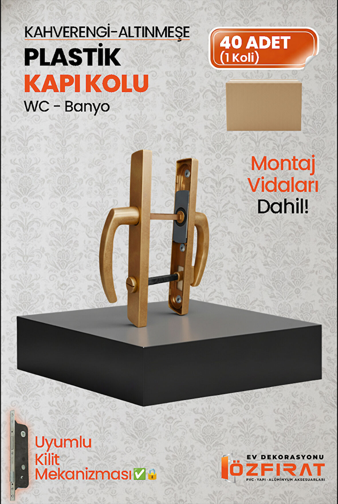 PVC Pimapen Plastik Banyo, Tuvalet, WC Kapı Kolu – Altınmeşe/Kahverengi –  (40 Takım / 1 Koli)