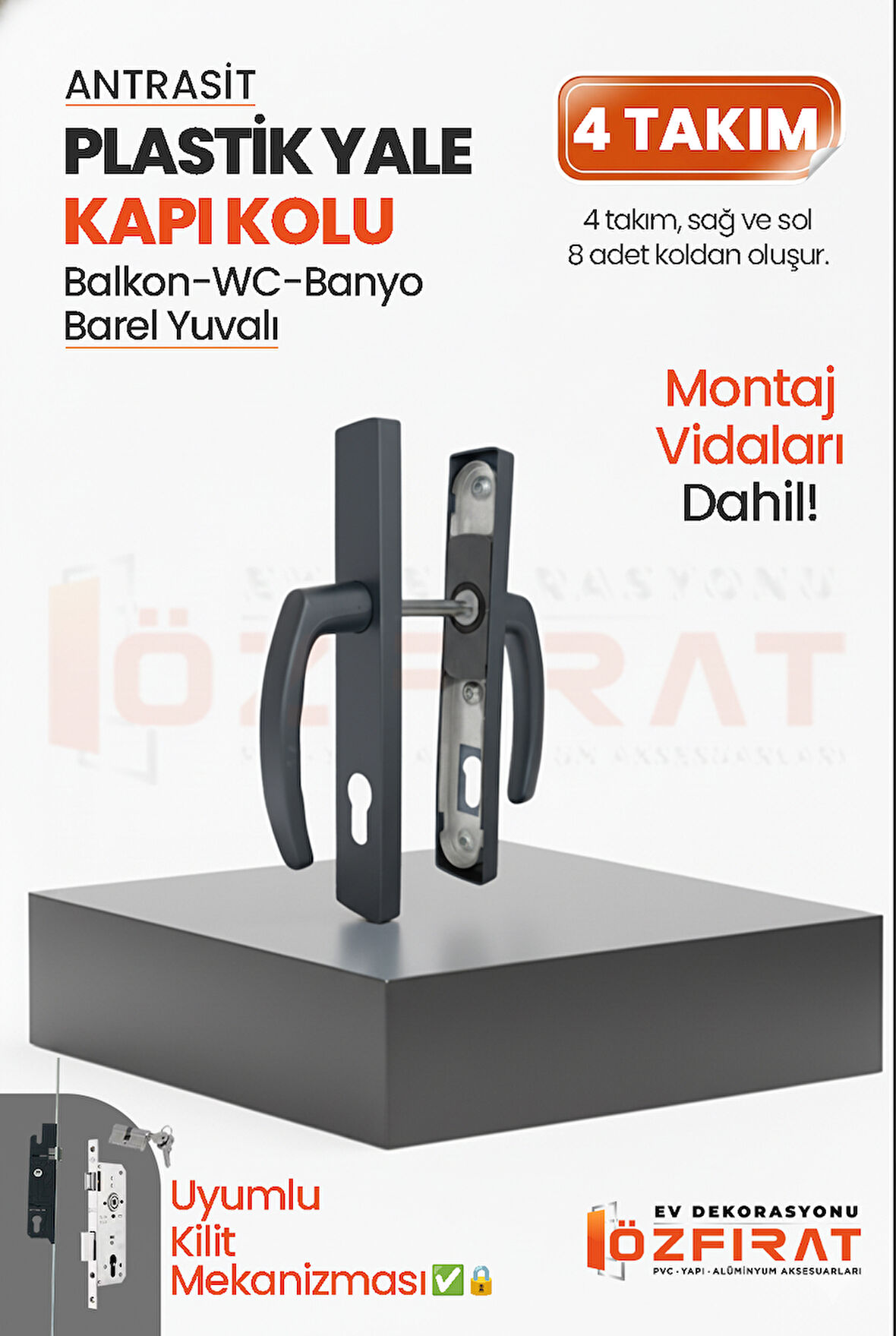 PVC Pimapen Plastik Yale Kapı Kolu – Balkon, Tuvalet (WC), Banyo İçin – Antrasit – (4 Takım)