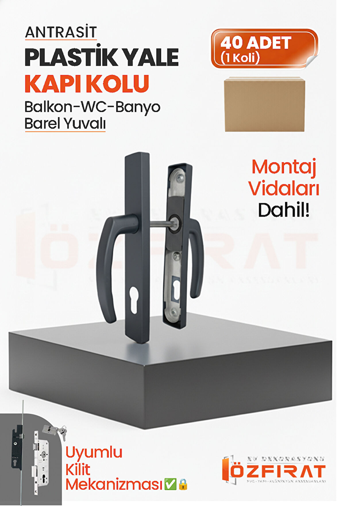 PVC Pimapen Plastik Yale Kapı Kolu – Balkon, Tuvalet (WC), Banyo – Antrasit – (40 Takım / 1 Koli)