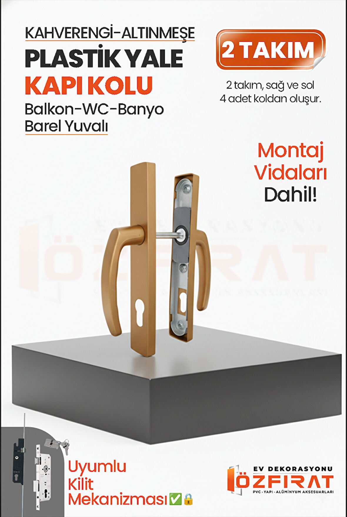 PVC Pimapen Plastik Yale Kapı Kolu – Balkon, Tuvalet (WC), Banyo – Kahverengi/Altınmeşe – (2 Takım)