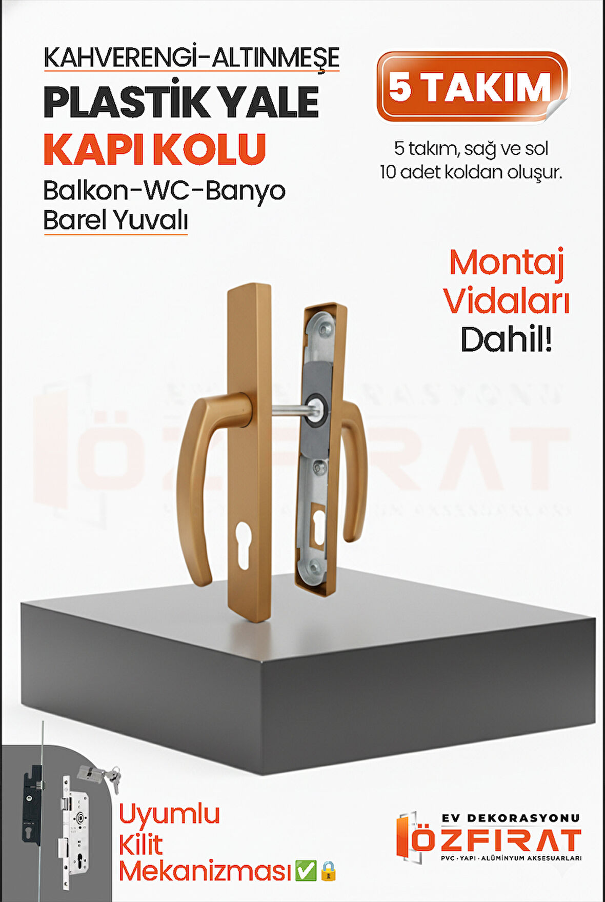 PVC Pimapen Plastik Yale Kapı Kolu – Balkon, Tuvalet (WC), Banyo – Kahverengi/Altınmeşe – (5 Takım)