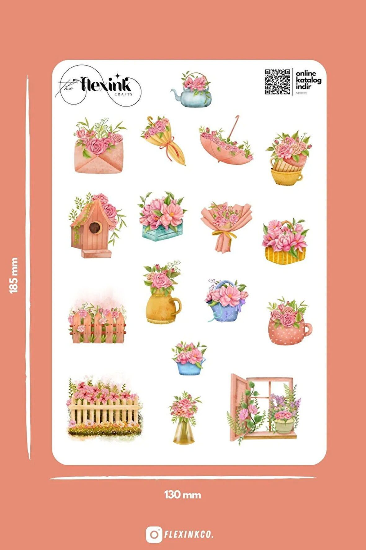 Pembe Çiçeklerin Dünyası Temalı Şeffaf Sticker Seti Scrapbook Ajanda Journal Bullet Planner Telefon