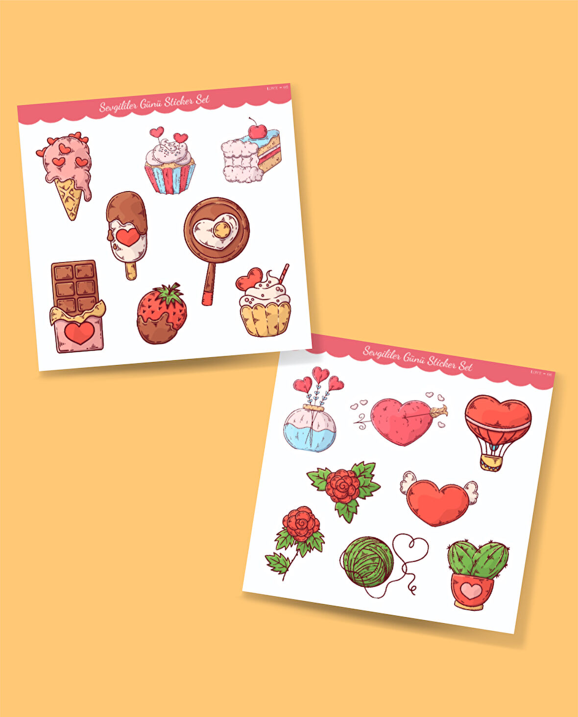 Sevgililer günü sticker set- 14 şubat sticker - hediye süsleme çıkartmaları- 2 li Set - Mat Etiket Kağıdı