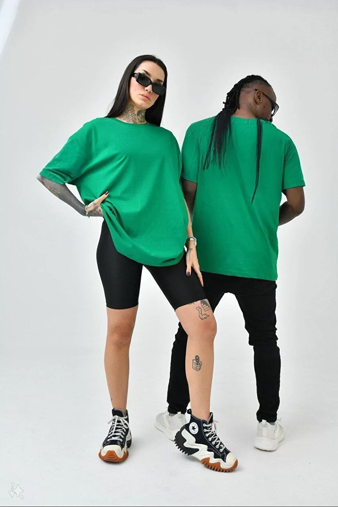 Unisex Basic Bisiklet Yaka Oversize T-Shirt - Yeşil