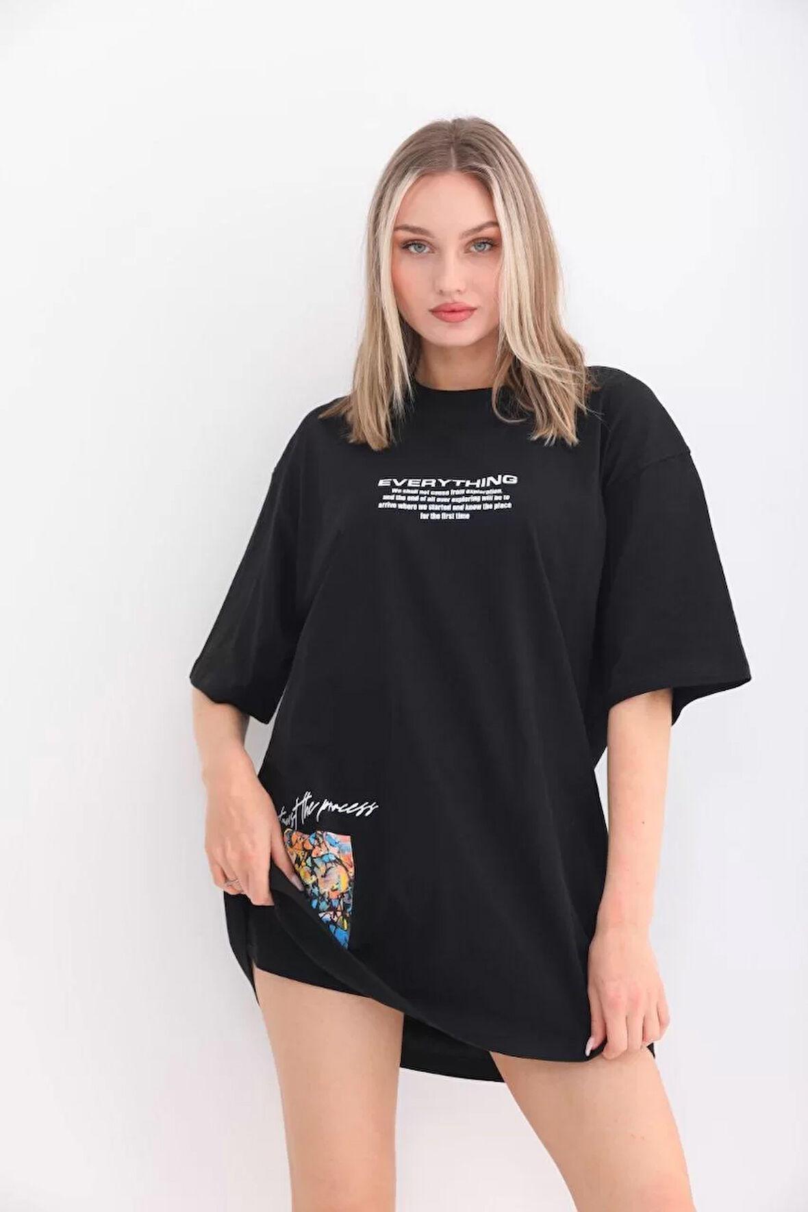 Unisex Bisiklet Yaka Baskılı Oversize T-Shirt - Siyah