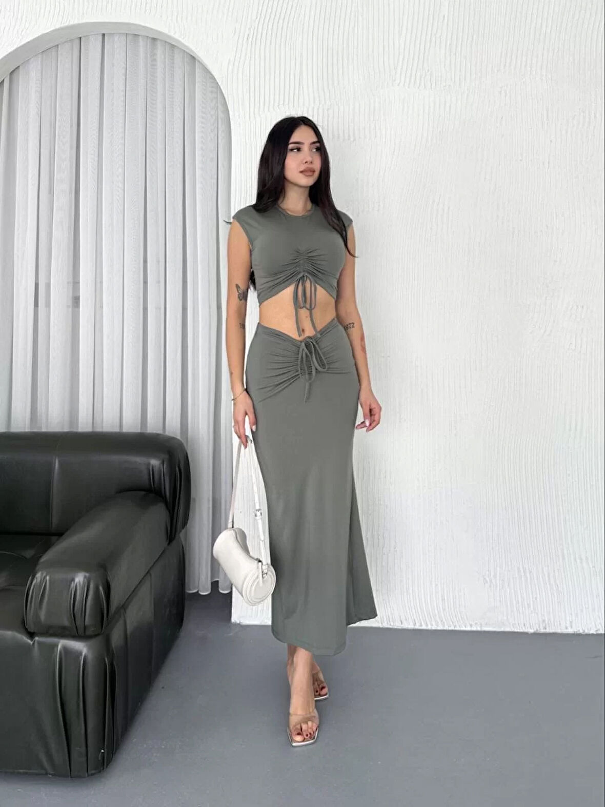 Osy Modal Yumuşak Dokulu Kumaş Büzgülü Crop Etek Takım - Mint yeşili