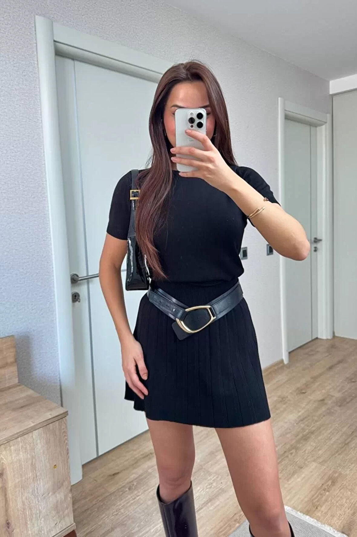 Kısa Kollu Bluz Mini Etekli ikili Takım Triko - Siyah