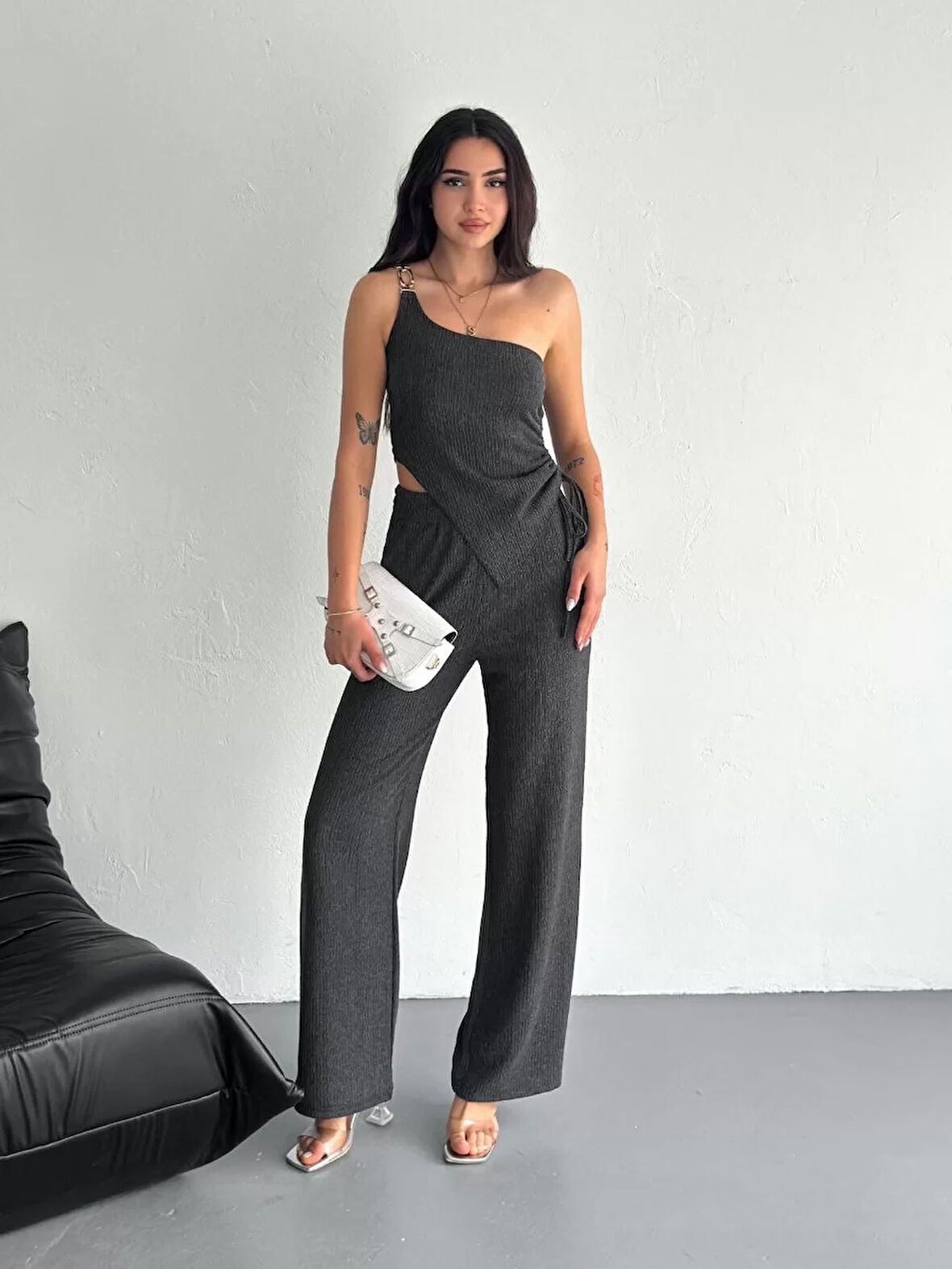 Asimetrik Crop Pantalon ikili Takım - Füme