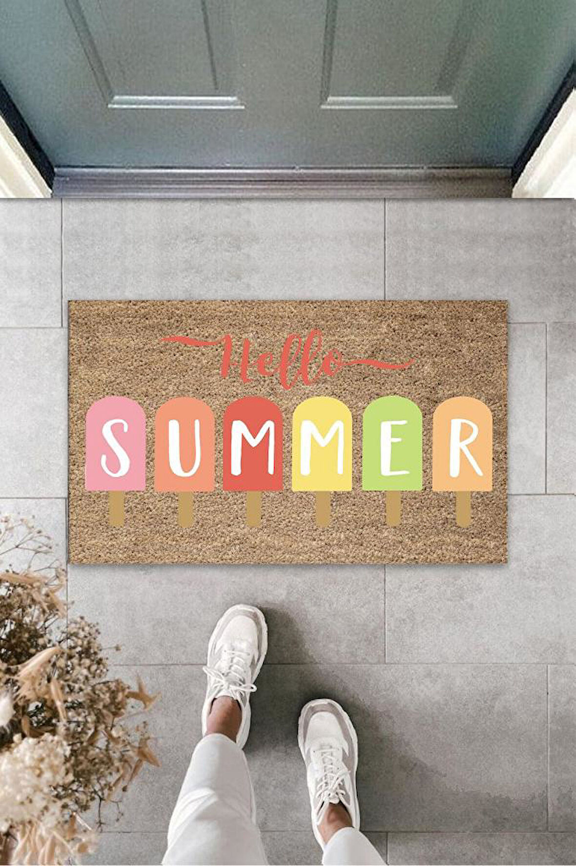 Bej Kapı Önü Paspası Hello Summer Dondurma Desen  K-3275