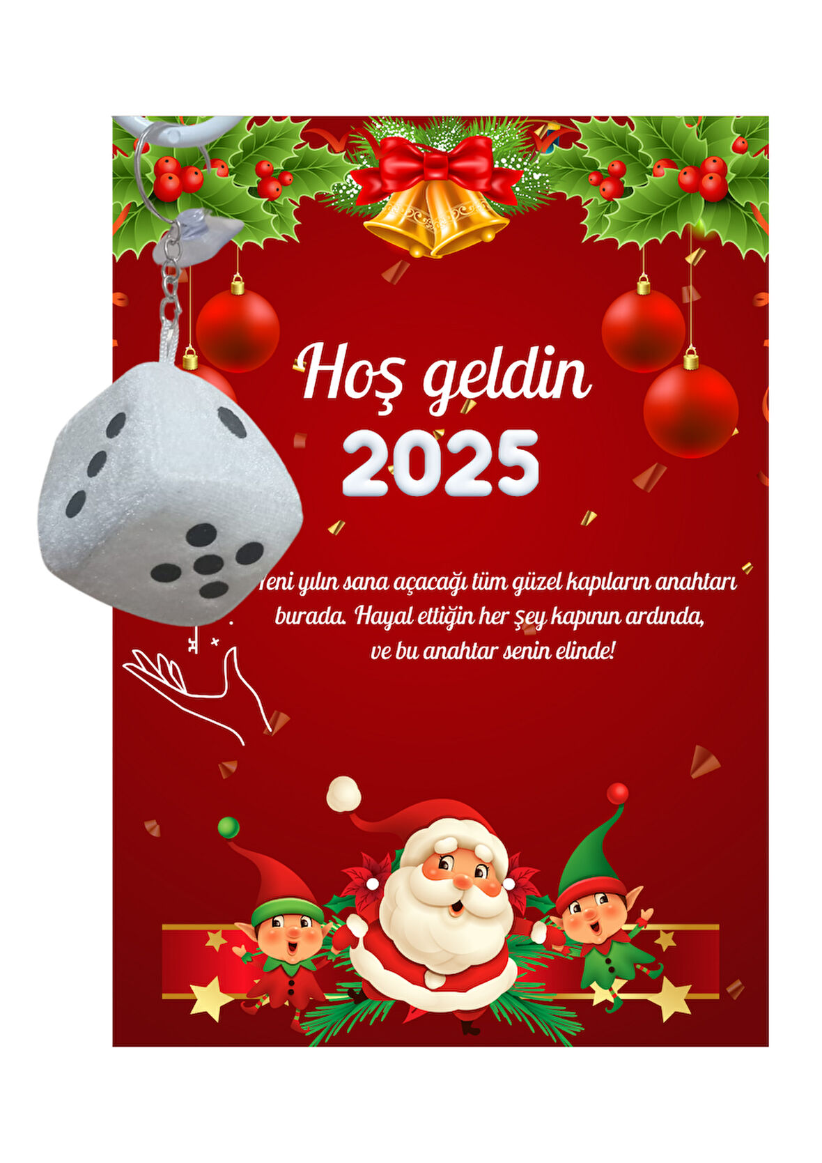 Yeni Yıl Noel Baba Kart Üzerinde Anahtarlık (Kişiye Özel Yazı Yazdırılabilir) Zar Model 5 Adet