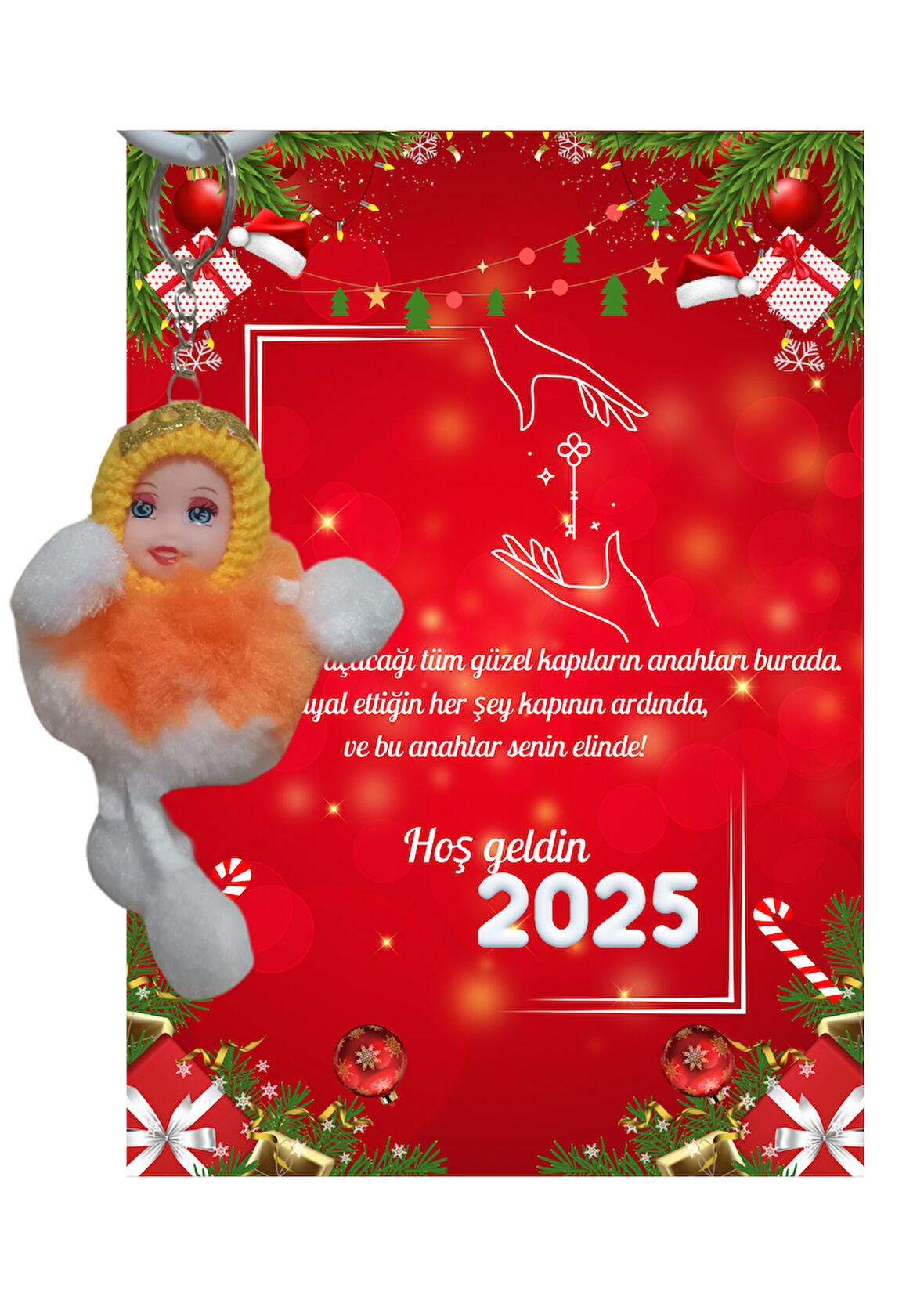 Yeni Yıl 2025 Kart Üzerinde Anahtarlık (Kişiye Özel Yazı Yazdırılabilir) Peluş Bebek 