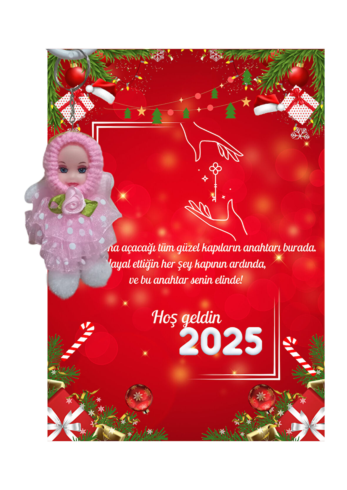 Yeni Yıl 2025 Kart Üzerinde Anahtarlık (Kişiye Özel Yazı Yazdırılabilir) Tütü Bebek 