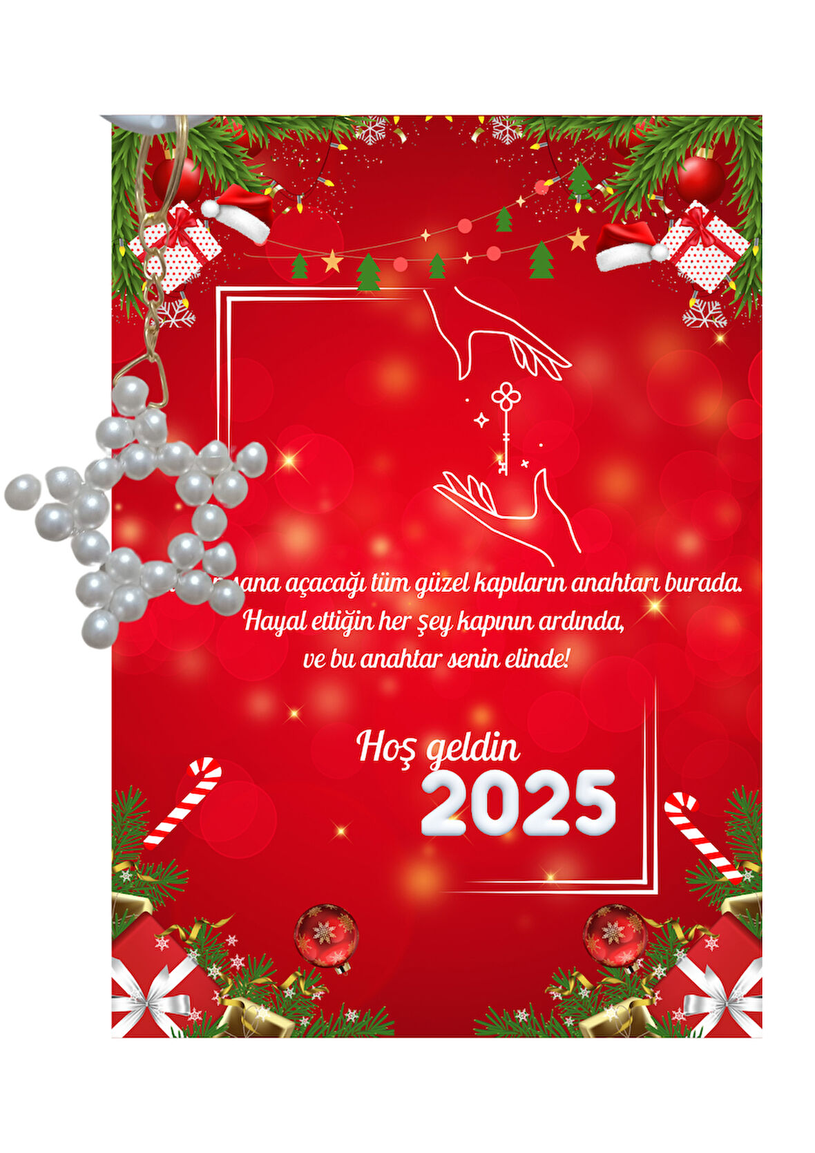 Yeni Yıl 2025 Kart Üzerinde Anahtarlık (Kişiye Özel Yazı Yazdırılabilir) Yıldız Model 5 Adet