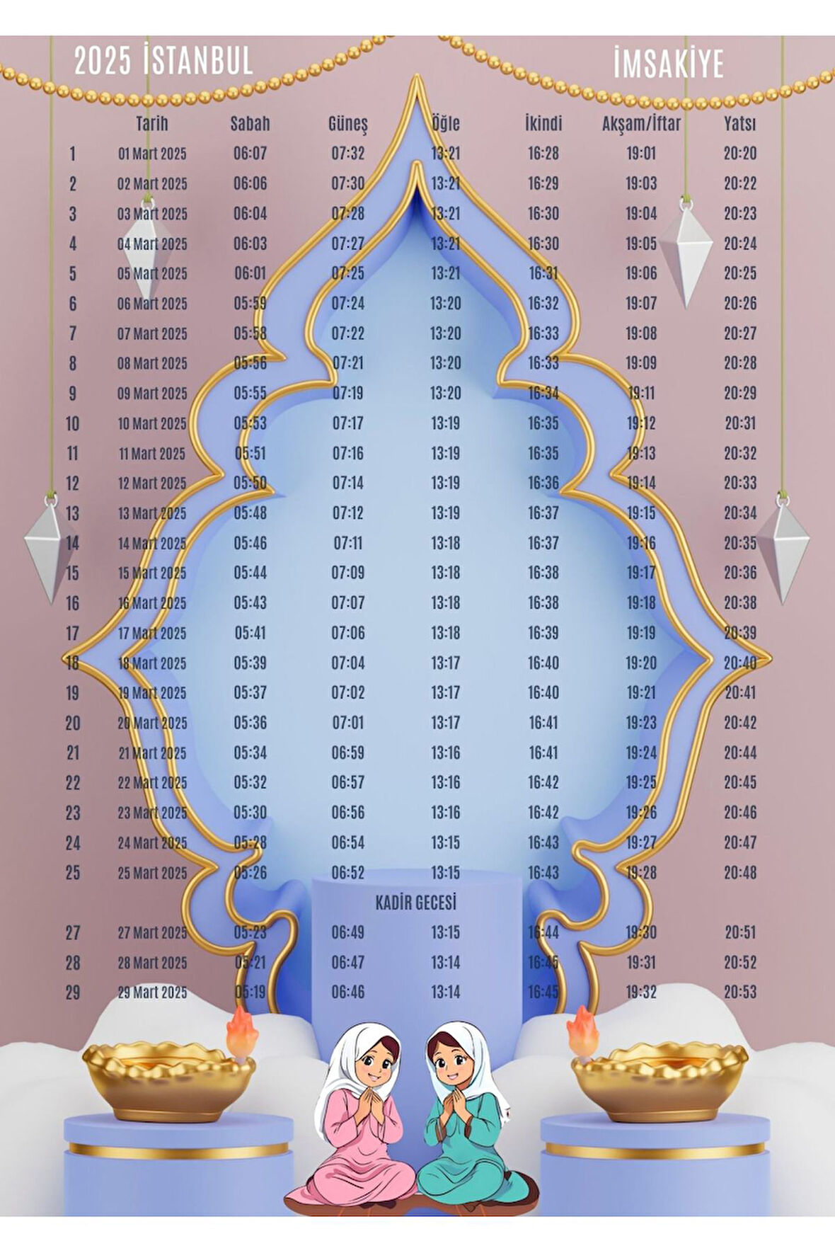 Ramazan İmsakiyesi Modern Kişiye Özel Tasarımlı Dijital Baskı 1 Adet A4 300 gr Model 1