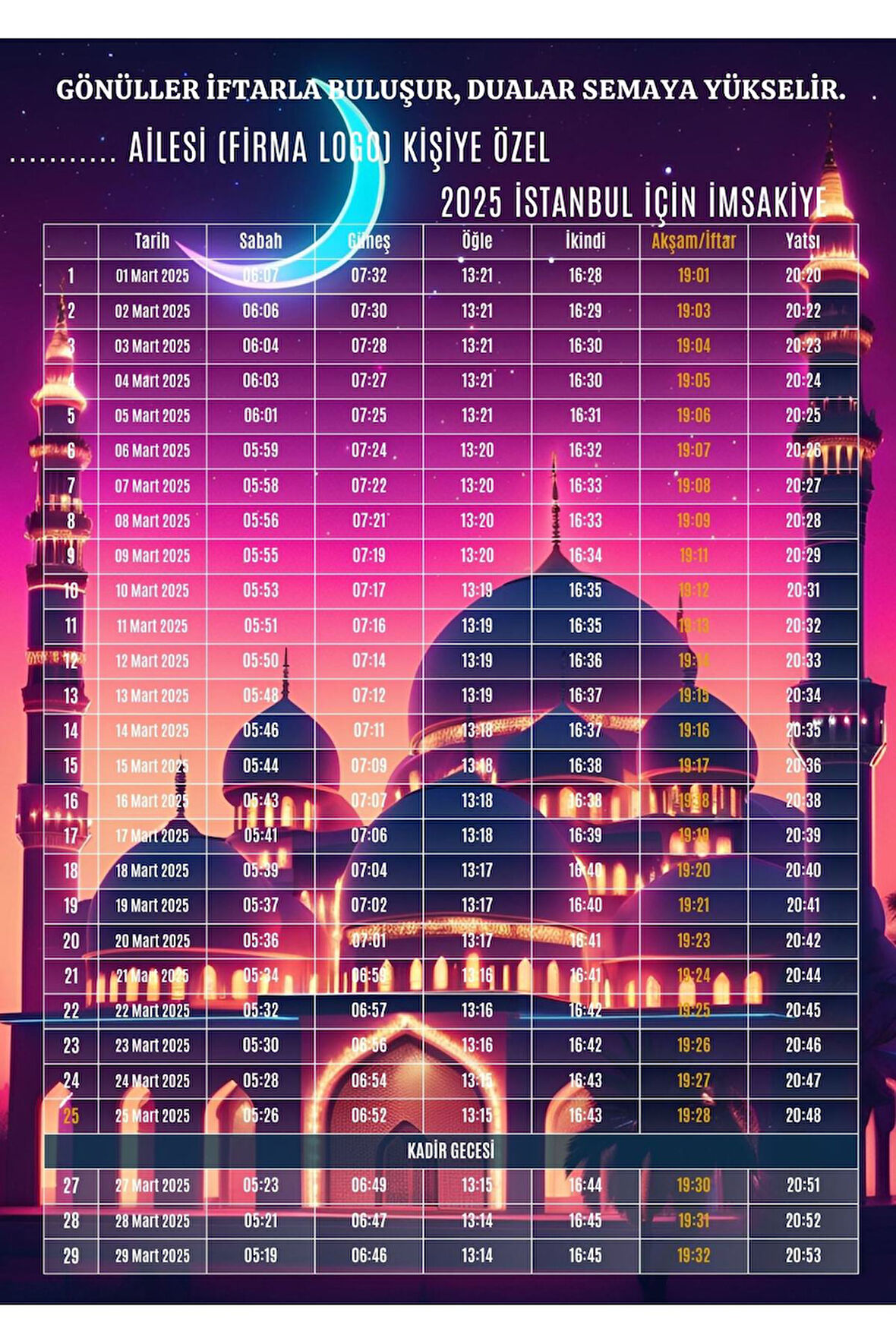 Ramazan İmsakiyesi Modern Kişiye Özel Tasarımlı Dijital Baskı 1 Adet A4 300 gr Model 6