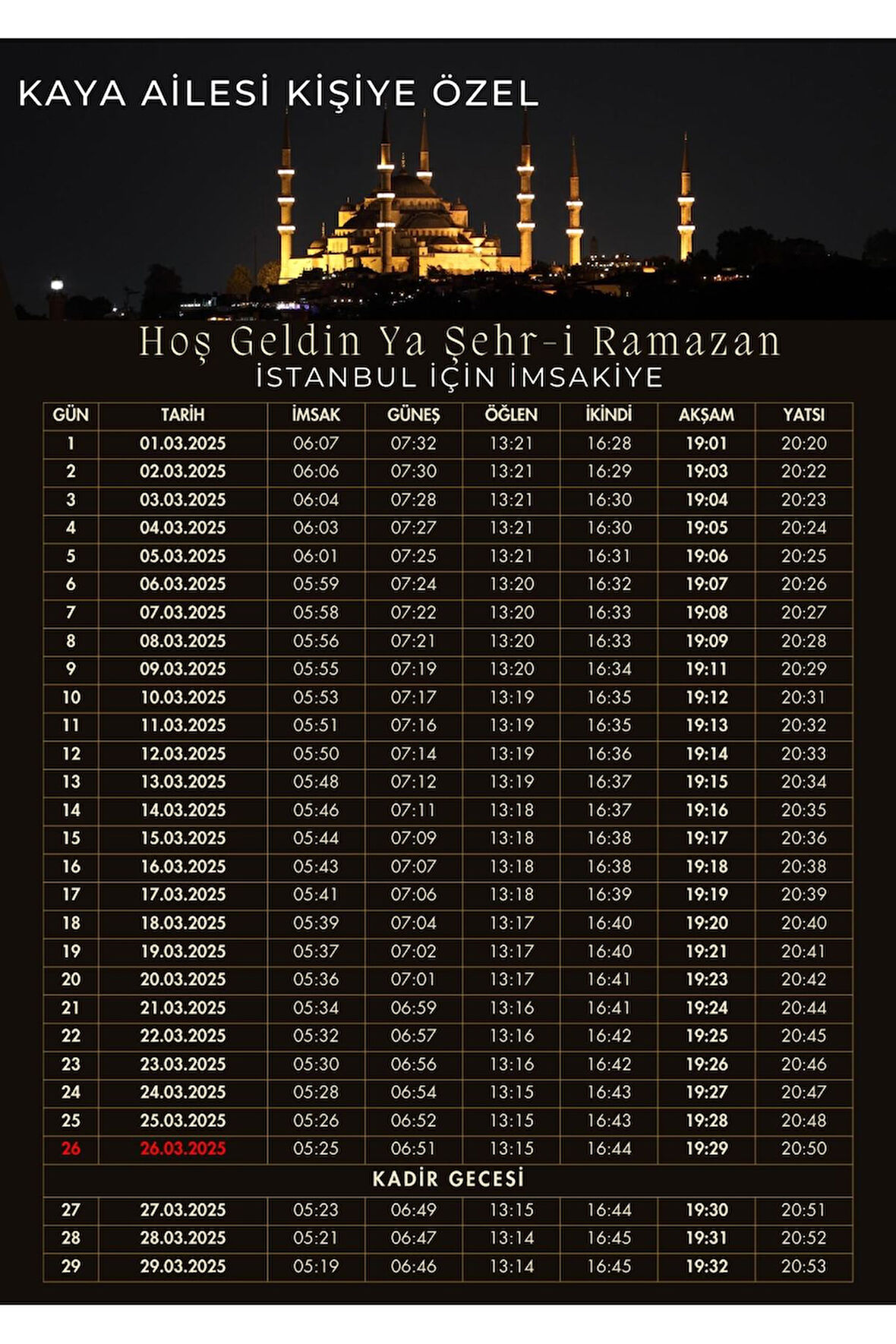 Ramazan İmsakiyesi Modern Kişiye Özel Tasarımlı Dijital Baskı 1 Adet A4 300 gr Model 28