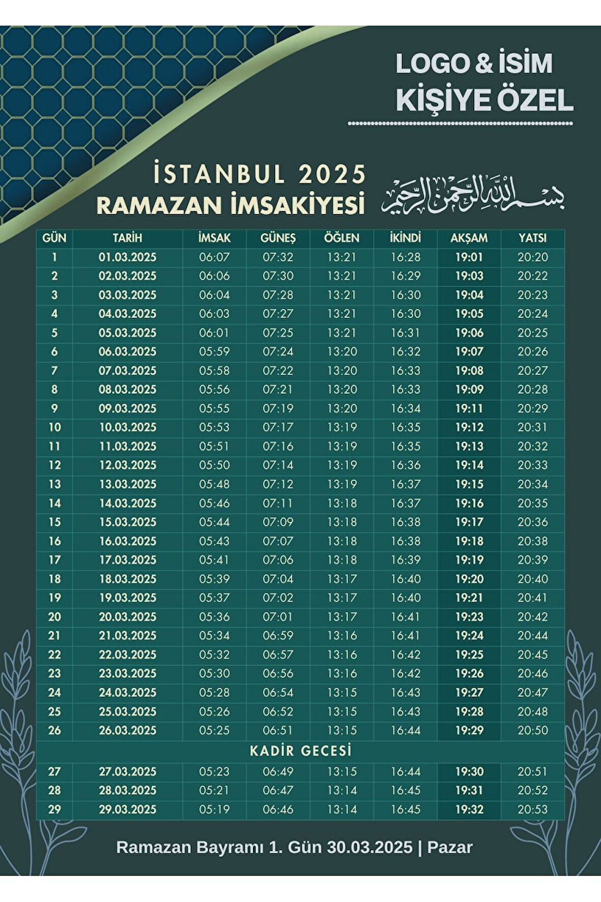 Ramazan İmsakiyesi Modern Kişiye Özel Tasarımlı Dijital Baskı 1 Adet A4 300 gr Model 29