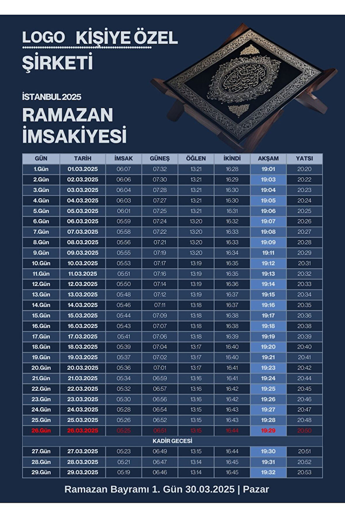 Ramazan İmsakiyesi Modern Kişiye Özel Tasarımlı Dijital Baskı 1 Adet A4 300 gr Model 30