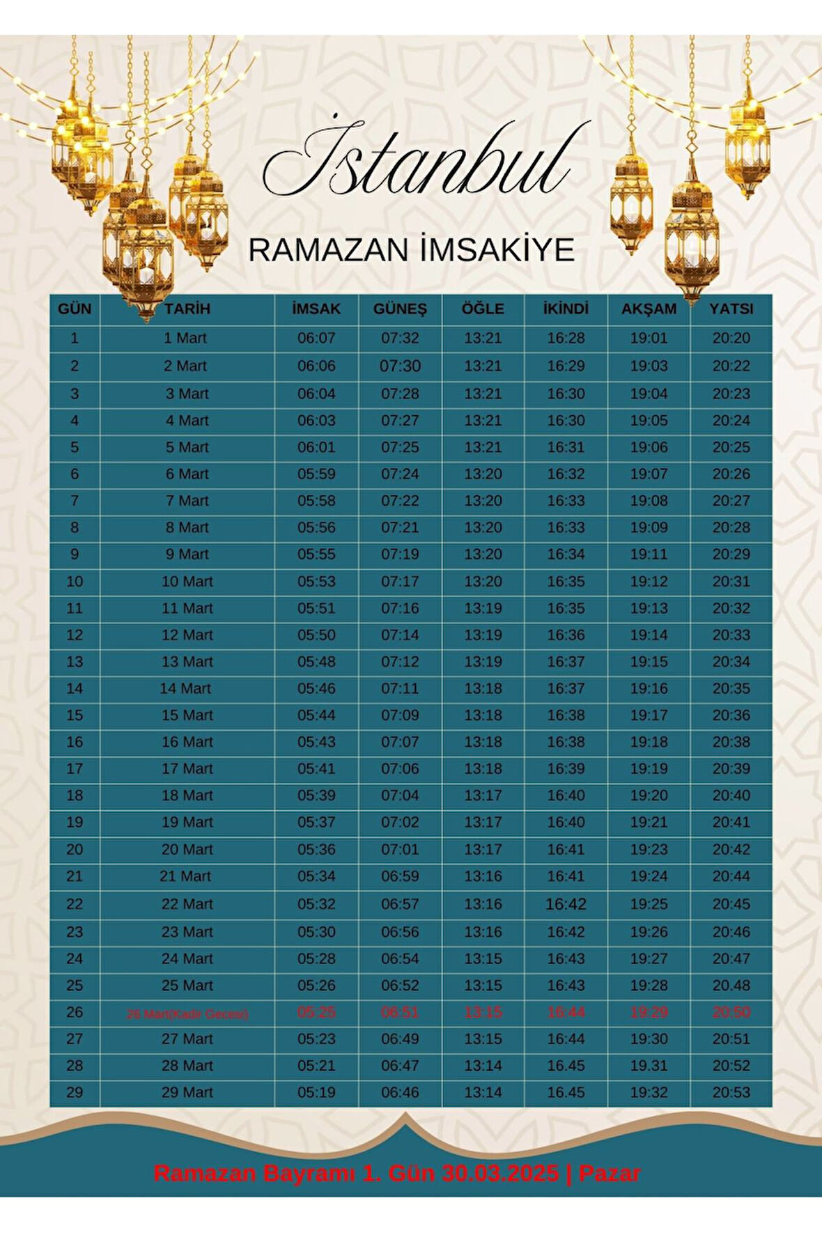 Ramazan İmsakiyesi Modern Kişiye Özel Tasarımlı Dijital Baskı 1 Adet A4 300 gr Model 31