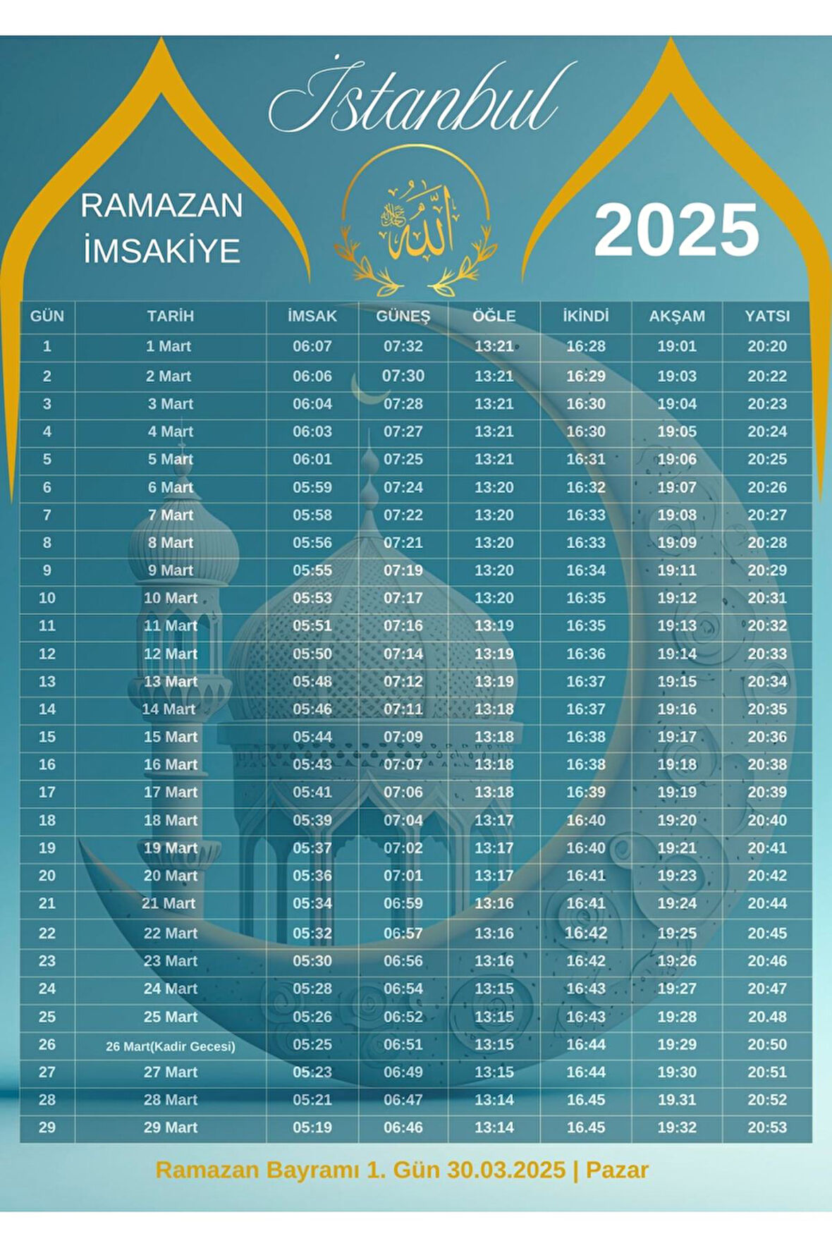 Ramazan İmsakiyesi Modern Kişiye Özel Tasarımlı Dijital Baskı 1 Adet A4 300 gr Model 33