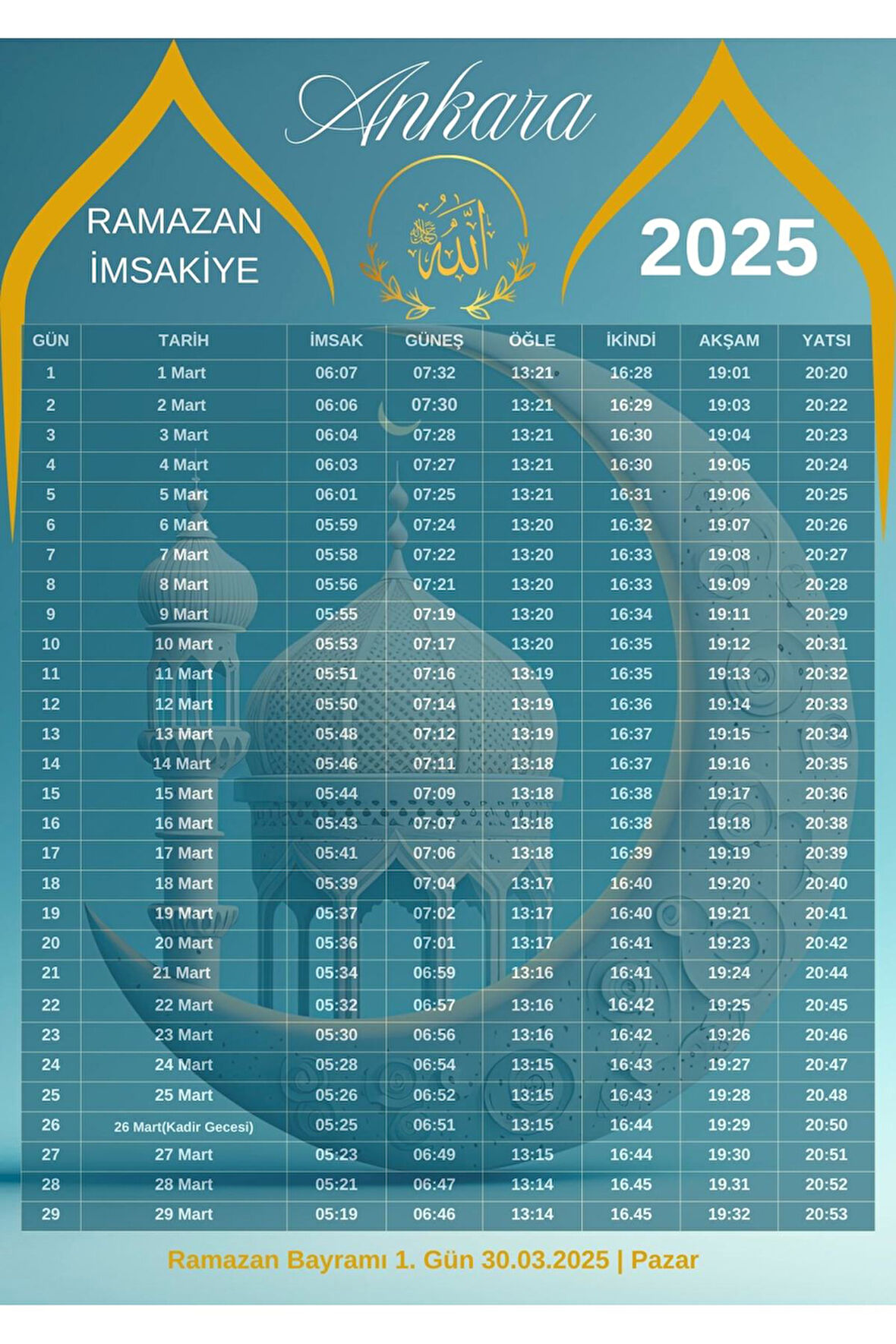 Ramazan İmsakiyesi Modern Kişiye Özel Tasarımlı Dijital Baskı 1 Adet A4 300 gr Model 34