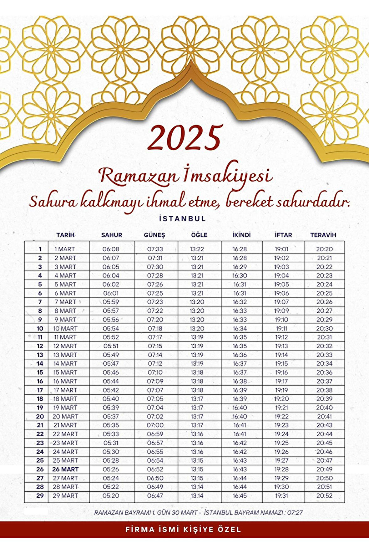 Ramazan İmsakiyesi Modern Kişiye Özel Tasarımlı Dijital Baskı 1 Adet A4 300 gr Model 39