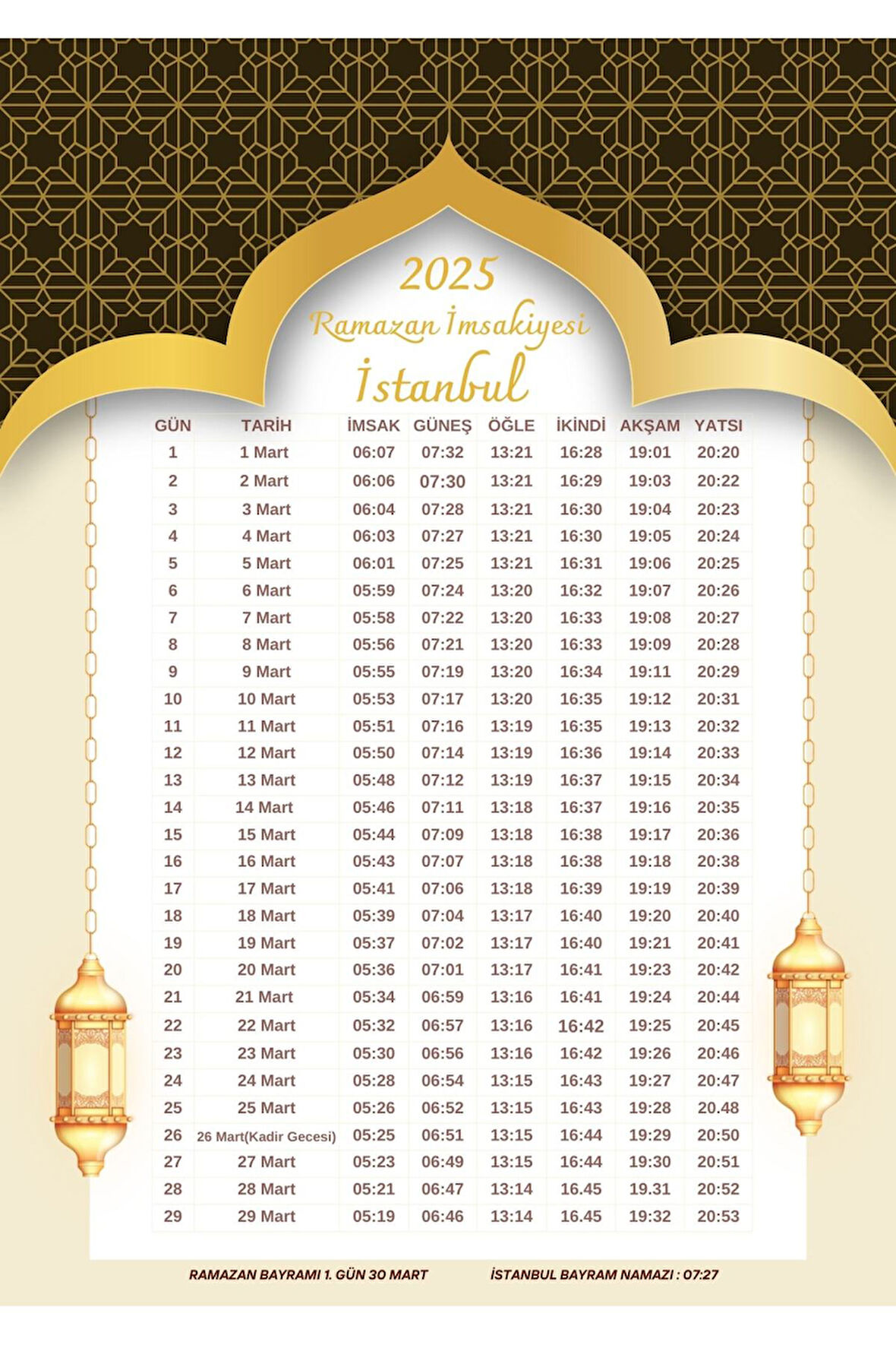 Ramazan İmsakiyesi Modern Kişiye Özel Tasarımlı Dijital Baskı 1 Adet A4 300 gr Model 41