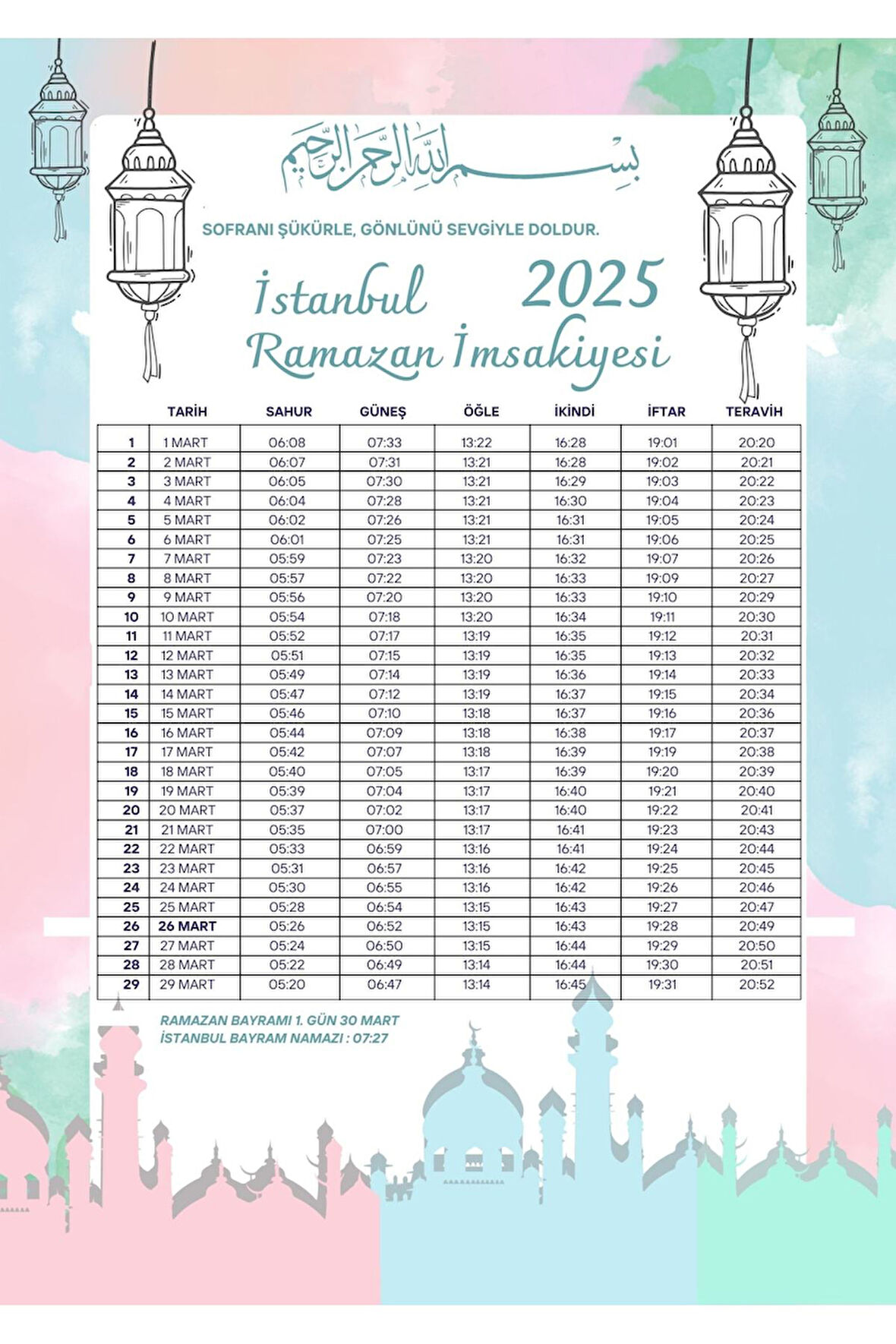 Ramazan İmsakiyesi Modern Kişiye Özel Tasarımlı Dijital Baskı 1 Adet A4 300 gr Model 42