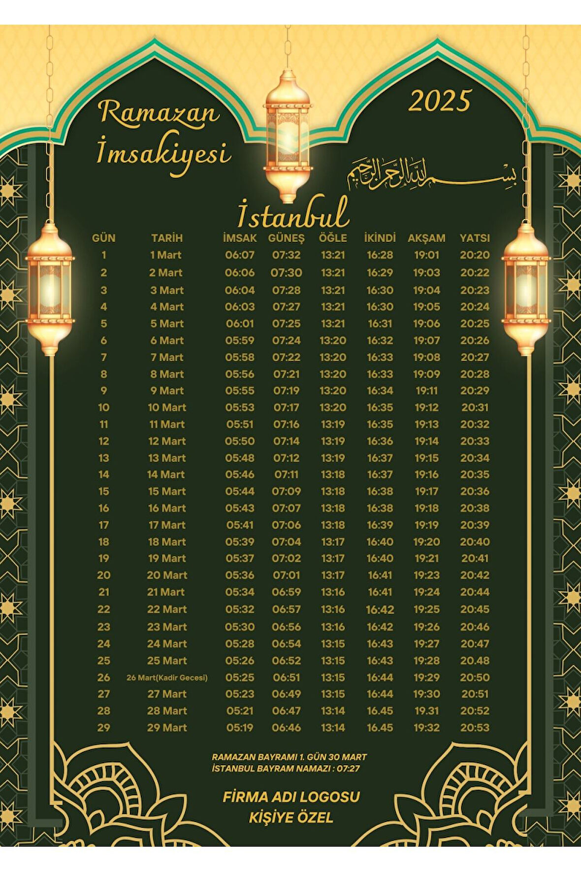 Ramazan İmsakiyesi Modern Kişiye Özel Tasarımlı Dijital Baskı 1 Adet A4 300 gr Model 46