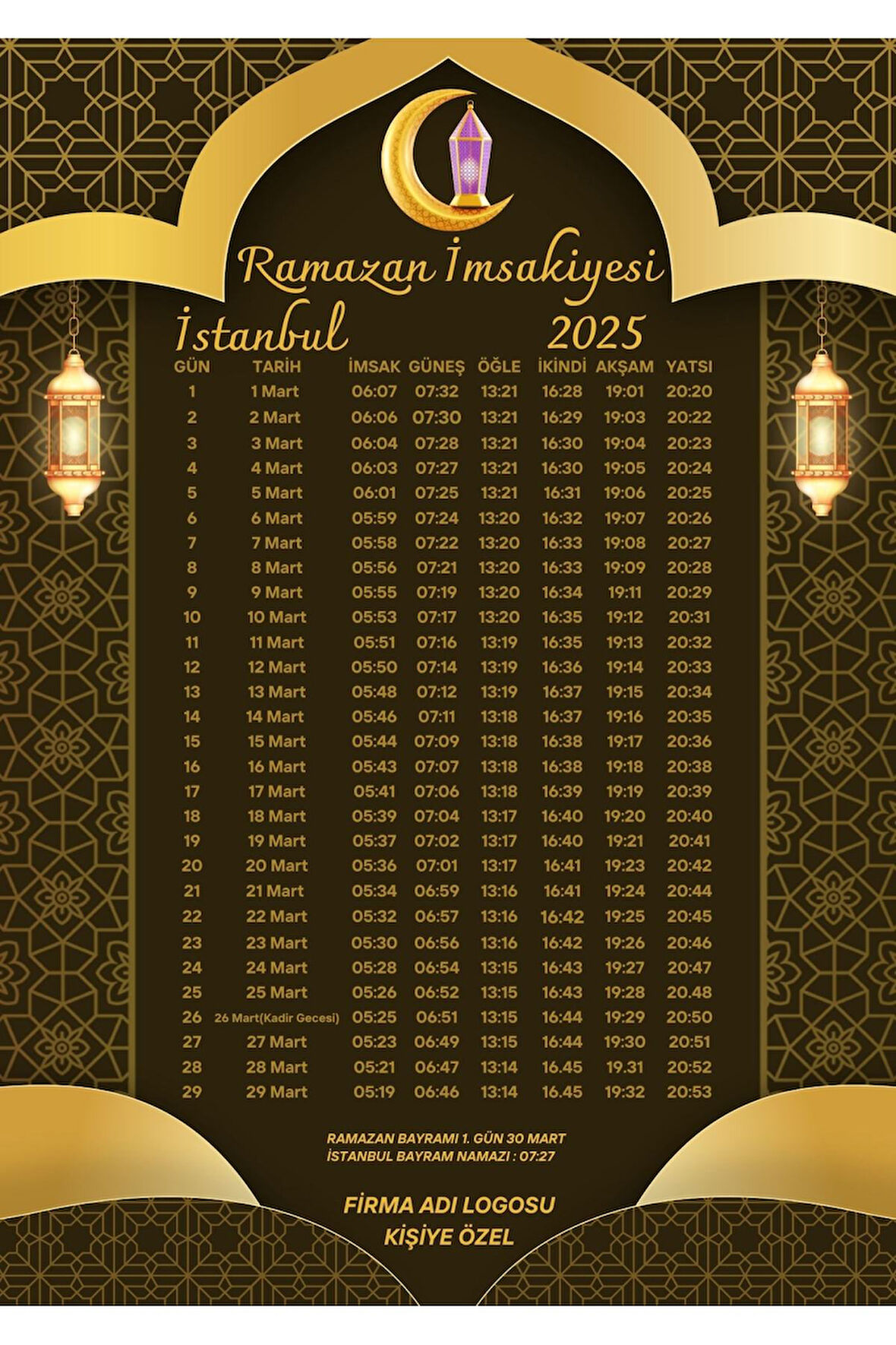 Ramazan İmsakiyesi Modern Kişiye Özel Tasarımlı Dijital Baskı 1 Adet A4 300 gr Model 47