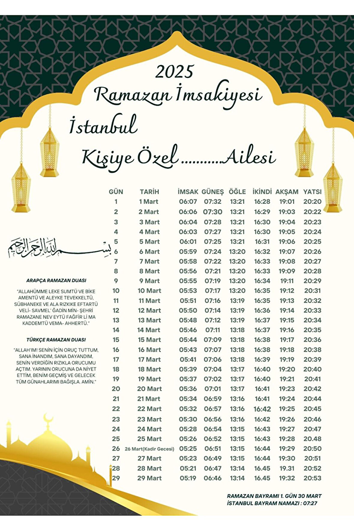 Ramazan İmsakiyesi Modern Kişiye Özel Tasarımlı Dijital Baskı 1 Adet A4 300 gr Model 48