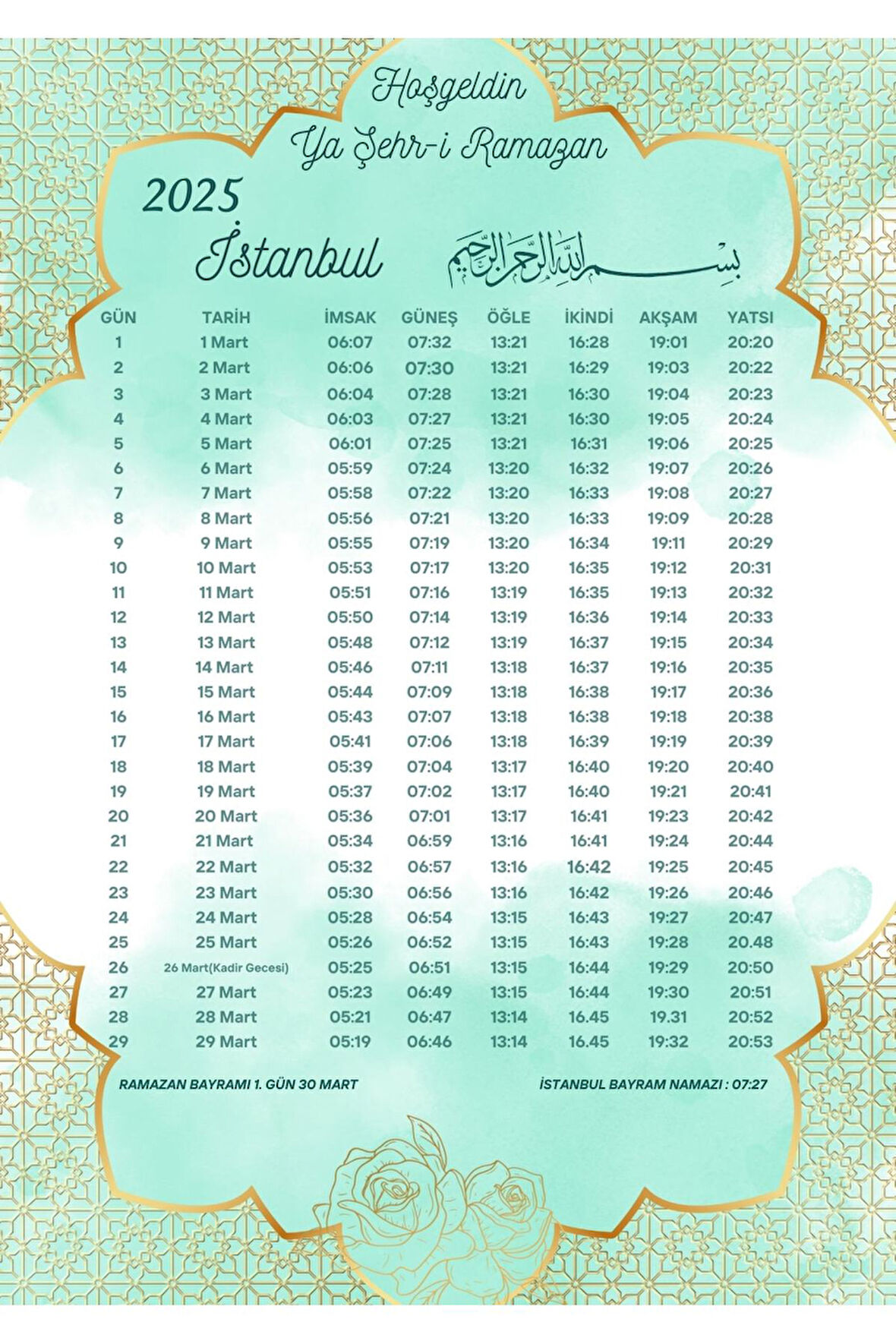 Ramazan İmsakiyesi Modern Kişiye Özel Tasarımlı Dijital Baskı 1 Adet A4 300 gr Model 49