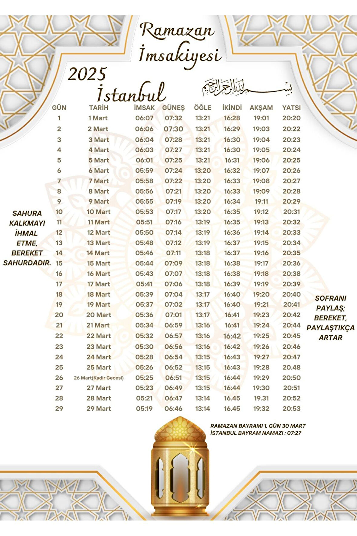 Ramazan İmsakiyesi Modern Kişiye Özel Tasarımlı Dijital Baskı 1 Adet A4 300 gr Model 50