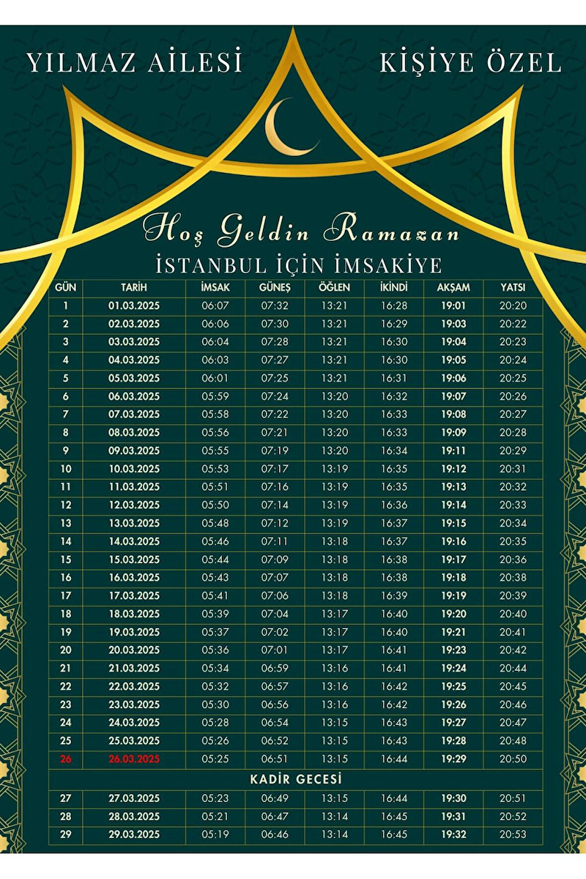 Ramazan İmsakiyesi Modern Kişiye Özel Tasarımlı Dijital Baskı 2 Adet A4 300 gr Model 27