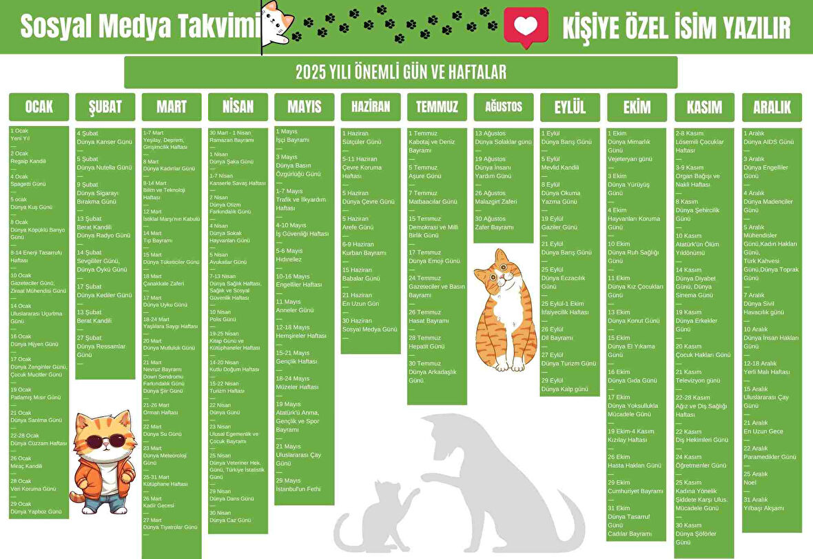 2025 Kişiye Özel Sosyal Medya Takvimi - Özel Günlerle Dolu Eğlenceli Duvar Afişi Kedi