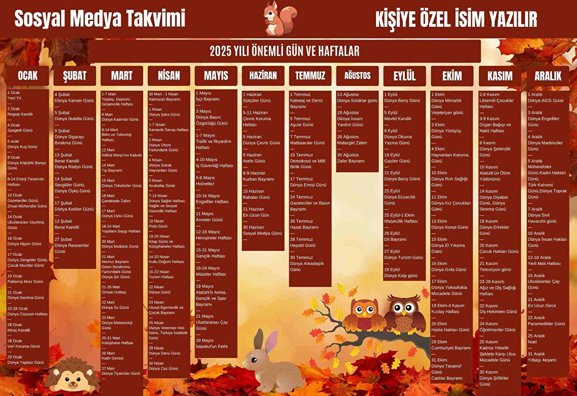 2025 Kişiye Özel Sosyal Medya Takvimi - Özel Günlerle Dolu Eğlenceli Duvar Afişi Sonbahar