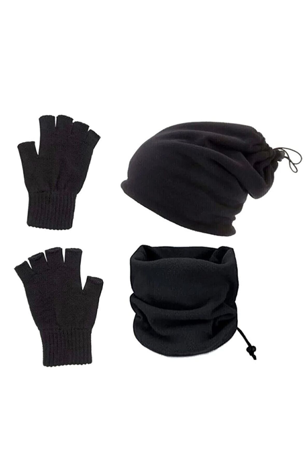 3 Lü Set Termal Polar Boyunluk Bere ve Örgü Kesik Eldiven Siyah