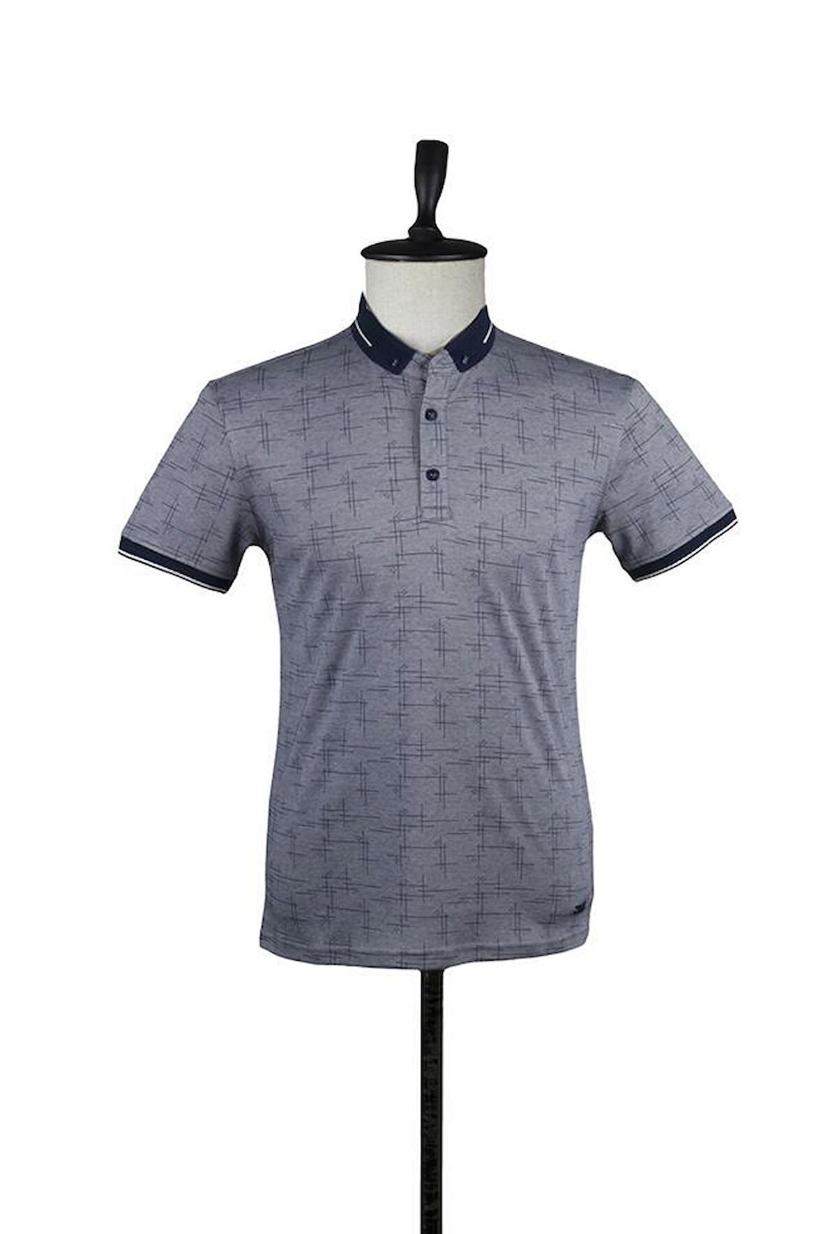 Kısa Kol Baskılı Merserize Polo Yaka Slim Fit Dar Kesim Casual T-Shirt 1011220105 Koyu Lacivert