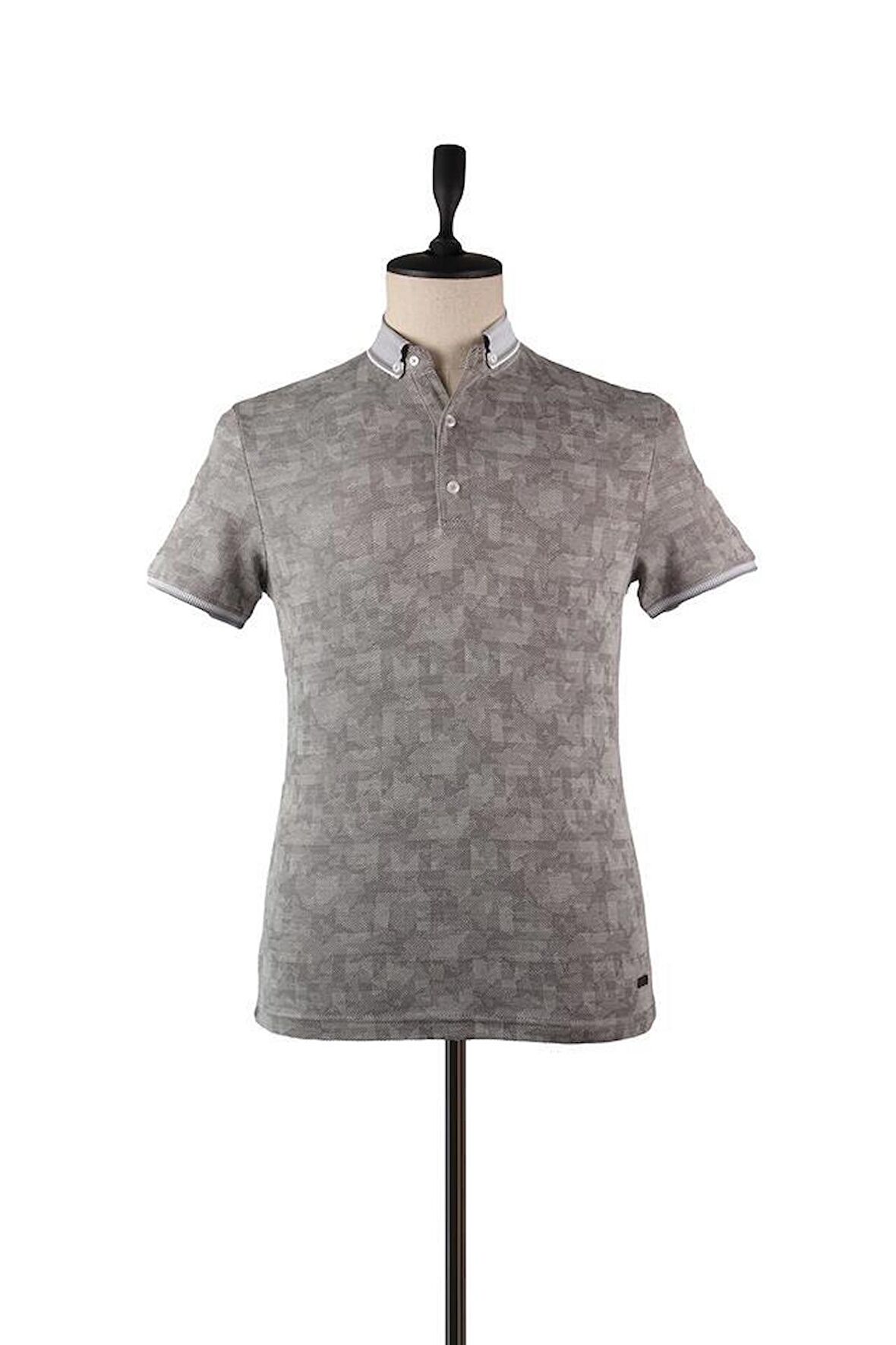 Kısa Kol Jakarlı Pike Gömlek Yaka Slim Fit Dar Kesim Klasik T-Shirt 1011220137 Koyu Antrasit